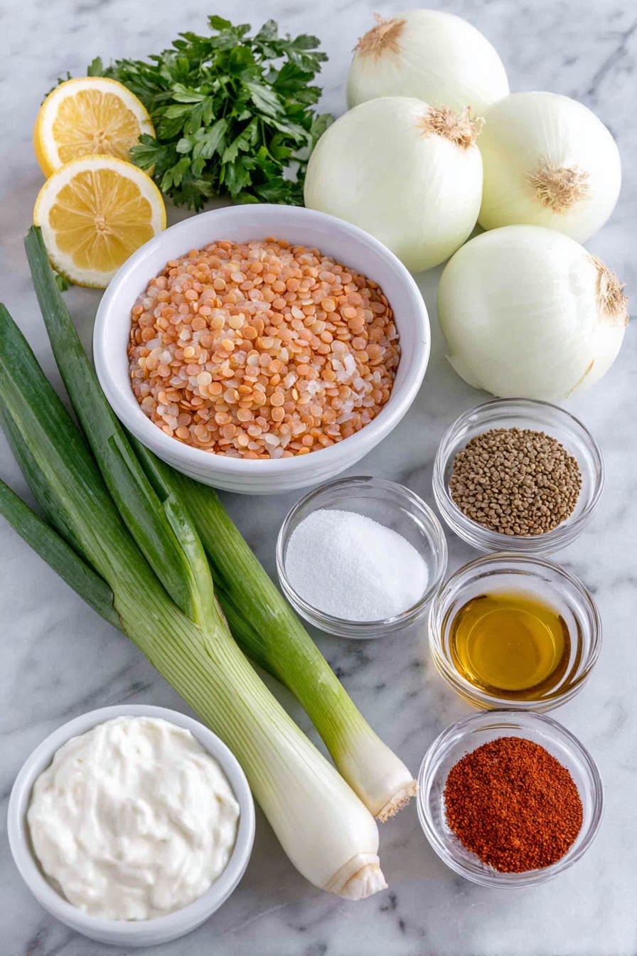 Savory Lentil and Rice Mujadara, Mujadara Middle Eastern dish, How to make Mujadara, Lentil and rice recipes, Hearty vegetarian meals - Flat lay of four large white onions sliced thinly, a small white ceramic bowl with a golden tablespoon of olive oil, a small white ceramic bowl with white granulated sugar, a small white ceramic bowl of salt crystals, a small white ceramic bowl with clear water, a small white ceramic bowl with amber apple cider vinegar, one cup of green dried lentils, a half cup of uncooked basmati rice with long slender grains, four fresh green scallions chopped with some green tops reserved, two whole uncracked white garlic cloves, small piles of bright red paprika powder, warm brown coriander powder, light brown cumin powder, reddish-brown cinnamon powder, golden yellow turmeric powder, tiny pile of red pepper flakes, fresh flat-leaf parsley sprigs chopped, fresh bright green cilantro leaves chopped, four bright yellow lemon wedges arranged symmetrically, and a small white ceramic bowl filled with creamy plain Greek yogurt placed on a clean white marble surface, soft natural light, photo taken with an iPhone, professional food photography style, fresh ingredients, white ceramic bowls, no bottles, no duplicates, no utensils, no packaging --ar 2:3 --v 7 --p m7354615311229779997