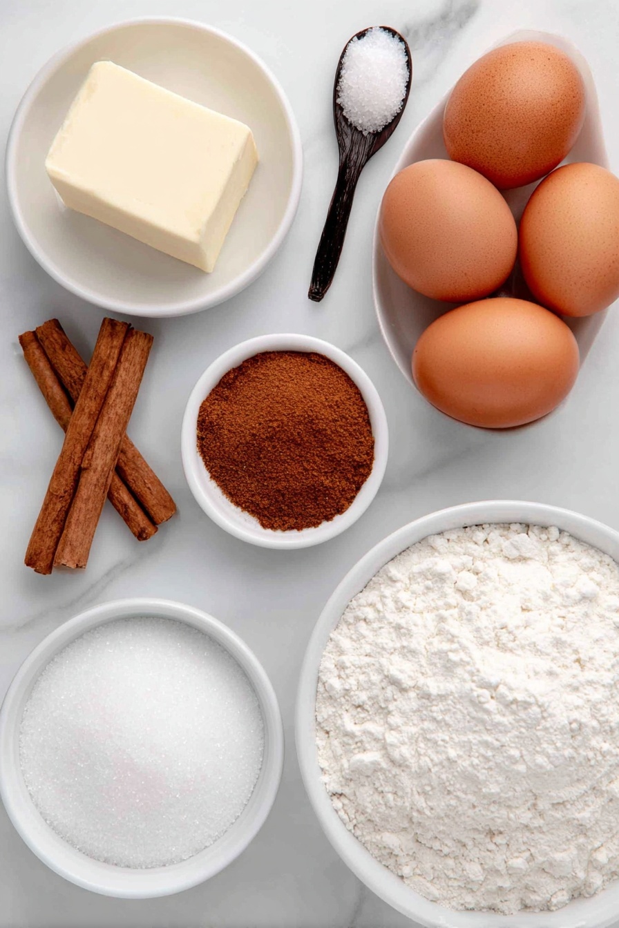 Cinnamon Vanilla Biscotti, biscotti recipe, homemade biscotti, coffee pairing cookies, crunchy vanilla biscotti - Flat lay of a small pat of unsalted butter, a small mound of granulated sugar, a few whole brown eggs with clean shells, a small handful of all purpose flour, a pinch of salt scattered next to a teaspoon of baking powder, a small heap of ground cinnamon with a dash separately nearby, a few vanilla beans cut open revealing seeds, a small white ceramic bowl filled with powdered sugar, a small white ceramic bowl of hot water, all arranged in perfect symmetry on a clean white marble surface, soft natural light, photo taken with an iPhone, professional food photography style, fresh ingredients, white ceramic bowls, no bottles, no duplicates, no utensils, no packaging --ar 2:3 --v 7 --p m7354615311229779997