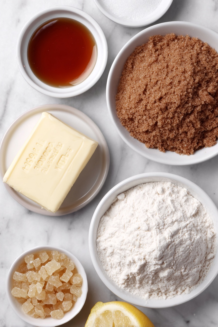 Easy Brandy Snaps, crispy ginger brandy snaps, homemade brandy snap cookies, simple festive treats, quick dessert ideas - Flat lay of a small square of fresh golden butter, a small white ceramic bowl filled with golden caster sugar crystals, another small white bowl with rich amber golden syrup, a small white bowl containing clear brandy, a neat pile of plain all-purpose flour on a simple white ceramic plate, a heap of warm brown ground ginger on a white ceramic dish, and a pristine half lemon with bright yellow zest visible placed beside it, all arranged symmetrically and balanced, placed on a clean white marble surface, soft natural light, photo taken with an iPhone, professional food photography style, fresh ingredients, white ceramic bowls, no bottles, no duplicates, no utensils, no packaging --ar 2:3 --v 7 --p m7354615311229779997