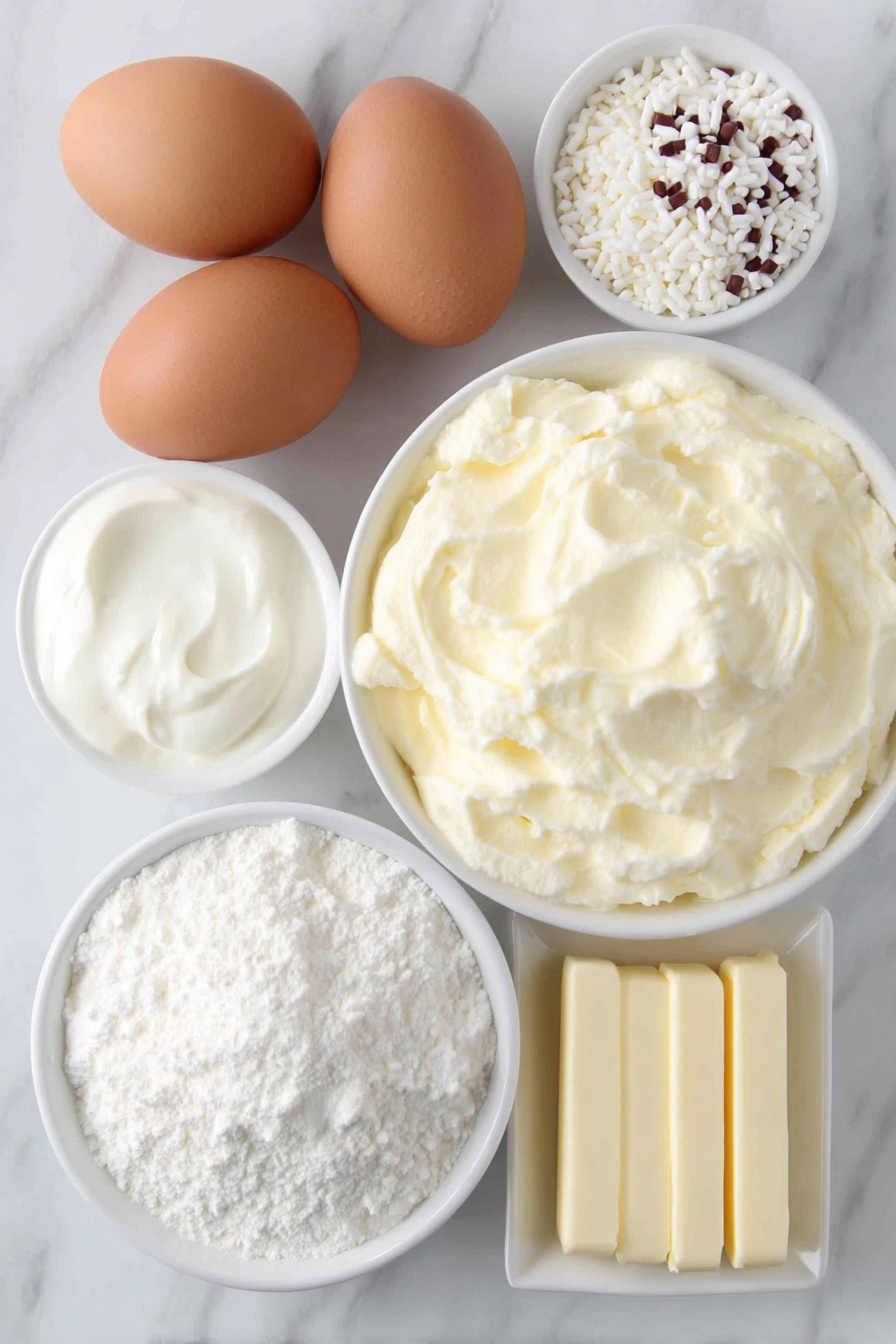 Christmas Tree Sheet Cake with White Chocolate Buttercream, holiday Christmas cake, festive birthday cake, easy Christmas dessert, decorating Christmas cake - Flat lay of three whole brown eggs with clean shells, a small white ceramic bowl of buttermilk, a small white ceramic bowl of sour cream, a simple white ceramic bowl with vegetable oil, a small white bowl containing vanilla extract, an unopened box of yellow cake mix removed per instructions (excluded per rules), a large white ceramic bowl filled with fresh heavy whipping cream, a small white bowl with powdered sugar, a small white bowl with white chocolate chips, three sticks of unsalted butter arranged neatly, a small white bowl with a pinch of salt, a small white bowl containing almond extract, a small white ceramic bowl with red gel coloring drops, a small white ceramic bowl filled with green sanding sugar, and a small white ceramic bowl of holiday Christmas tree sprinkles — all ingredients fresh and natural, no packaging, no utensils, perfectly balanced symmetrical layout, placed on a clean white marble surface, soft natural light, photo taken with an iPhone, professional food photography style, fresh ingredients, white ceramic bowls, no bottles, no duplicates, no utensils, no packaging --ar 2:3 --v 7 --p m7354615311229779997