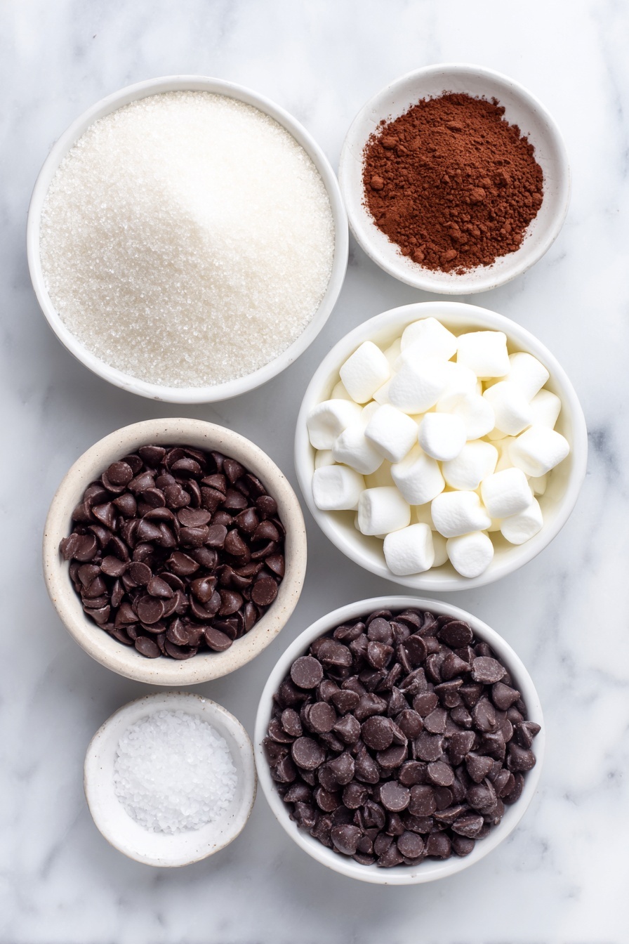 Homemade Hot Chocolate Bombs, hot chocolate bombs, how to make hot chocolate bombs, chocolate sphere hot chocolate, festive hot chocolate drinks - Flat lay of a small heap of granulated sugar, a small mound of rich cocoa powder, a tiny pinch of kosher salt on the side, a white ceramic bowl filled with glossy semi-sweet chocolate chips, a small white bowl containing fine chocolate milk powder, a small white bowl with miniature white marshmallows, all arranged with perfect symmetry and balanced proportions on a clean white marble surface, soft natural light, photo taken with an iPhone, professional food photography style, fresh ingredients, white ceramic bowls, no bottles, no duplicates, no utensils, no packaging --ar 2:3 --v 7 --p m7354615311229779997