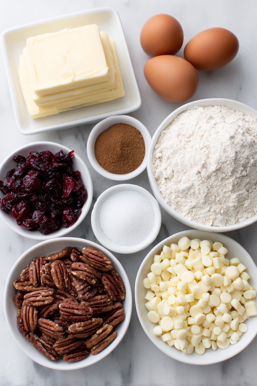 Oatmeal Cranberry Cookies, Cranberry Oatmeal Cookies, Chewy Cranberry Cookies, Easy Cranberry Cookies, Tart and Sweet Cookies - Flat lay of a small pile of creamy unsalted butter, a heap of brown sugar crystals, a mound of granulated white sugar, two whole uncracked brown eggs with clean shells, a small white ceramic bowl of clear vanilla extract, a neat stack of all-purpose flour, a small white bowl holding fine baking soda powder, a small white bowl with ground cinnamon, a small white bowl of fine salt crystals, a generous scoop of old fashioned rolled oats, fresh quartered bright red cranberries, chopped pecan halves, and a small pile of white chocolate chips all arranged symmetrically in simple white ceramic bowls and on a clean white ceramic plate, placed on a clean white marble surface, soft natural light, photo taken with an iPhone, professional food photography style, fresh ingredients, white ceramic bowls, no bottles, no duplicates, no utensils, no packaging --ar 2:3 --v 7 --p m7354615311229779997