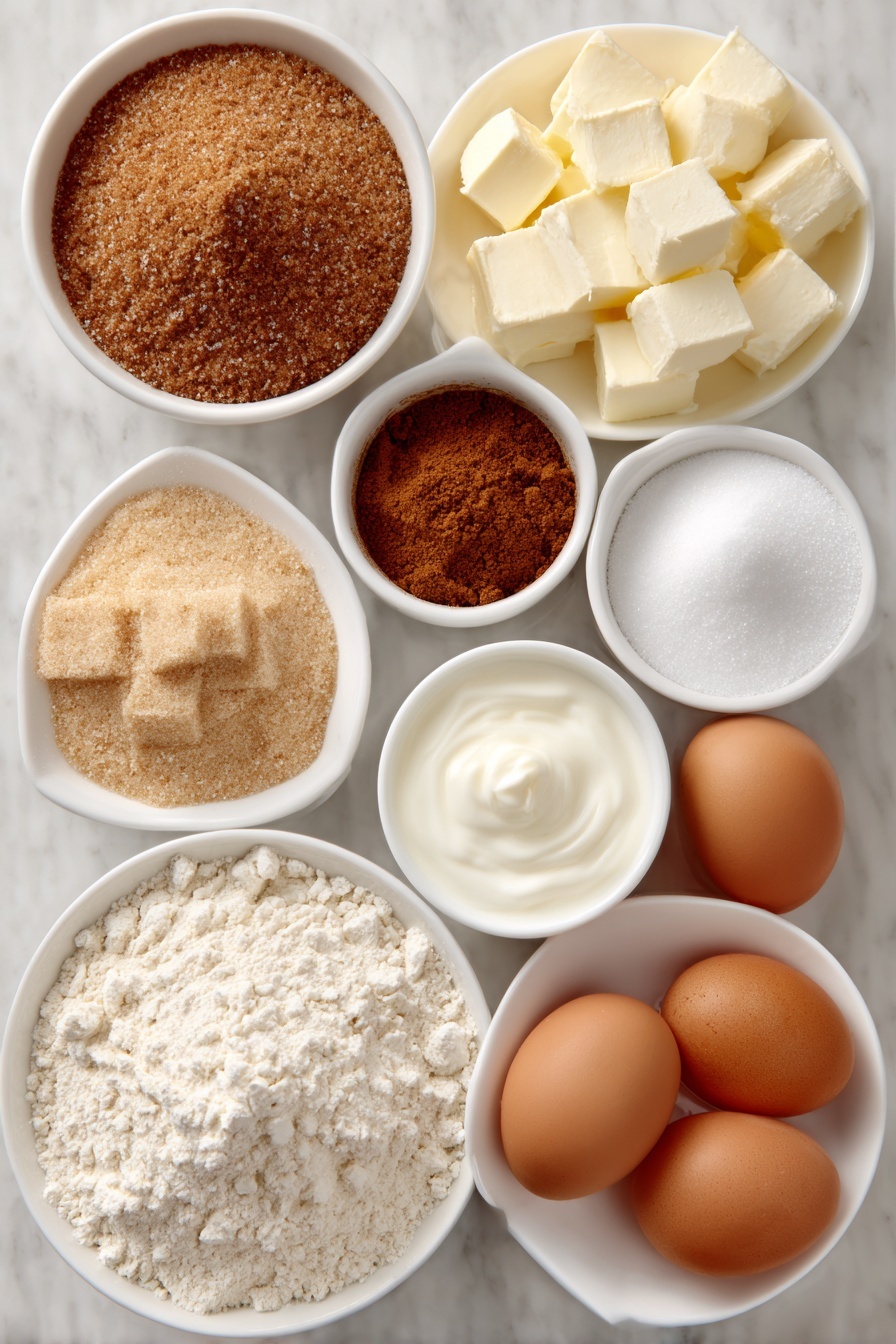 Sour Cream Coffee Cake with Streusel, coffee cake recipes, cinnamon coffee cake, moist coffee cake, homemade streusel topping - Flat lay of a small mound of pale all purpose flour, a small pile of packed light brown sugar, a small heap of ground cinnamon, a pinch of kosher salt, several small cubes of cold unsalted butter, another small heap of granulated sugar, two whole large brown eggs with clean shells, a small white ceramic bowl of sour cream, a small white bowl of whole milk, a small white bowl of powdered sugar, placed on a clean white marble surface, soft natural light, photo taken with an iPhone, professional food photography style, fresh ingredients, white ceramic bowls, no bottles, no duplicates, no utensils, no packaging --ar 2:3 --v 7 --p m7354615311229779997