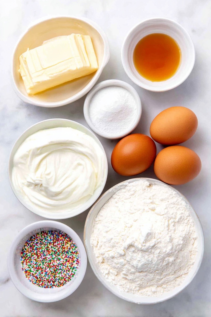 Christmas Sprinkles Bread, festive bread recipe, colorful holiday bread, easy holiday baking, soft buttery bread with sprinkles - Flat lay of a small mound of unsalted butter softened, a small white bowl of granulated sugar, a small white bowl of golden vanilla extract, three large whole brown eggs with clean shells, a small white bowl of thick sour cream, a small white bowl of whole milk, a small mound of all-purpose flour, a small white bowl containing a mix of baking powder, baking soda, salt, and ground cinnamon, a small white bowl filled with colorful Christmas sprinkles, a small white bowl of powdered sugar, a small white bowl of heavy cream, placed on a clean white marble surface, soft natural light, photo taken with an iPhone, professional food photography style, fresh ingredients, white ceramic bowls, no bottles, no duplicates, no utensils, no packaging --ar 2:3 --v 7 --p m7354615311229779997