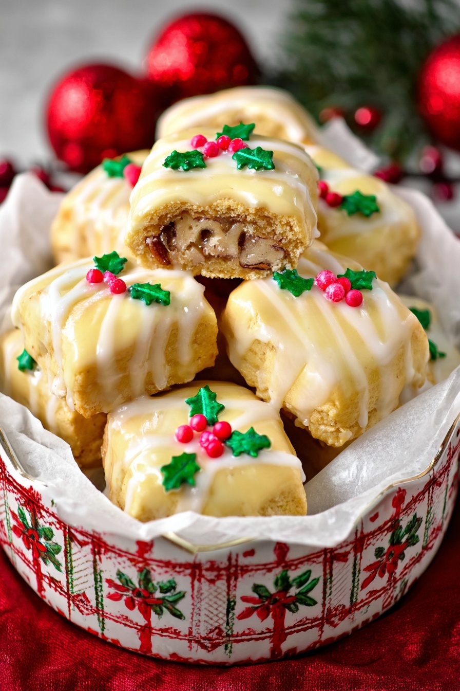 Gingerbread Log Cookies with Nutella Fillings, gingerbread cookies with Nutella, festive holiday cookies, spiced roll cookies, Christmas cookie recipes - The image shows a white tree-shaped dish filled with light beige square-shaped bars arranged in neat layers, with one layer stacked a bit higher in the center. Each bar has a smooth texture with faint drizzle lines on top and is decorated with a small green holly leaf and three red berry-shaped candy pieces. The dish sits on a red cloth background with shiny silver and red round ornaments softly blurred behind it. photo taken with an iphone --ar 2:3 --v 7