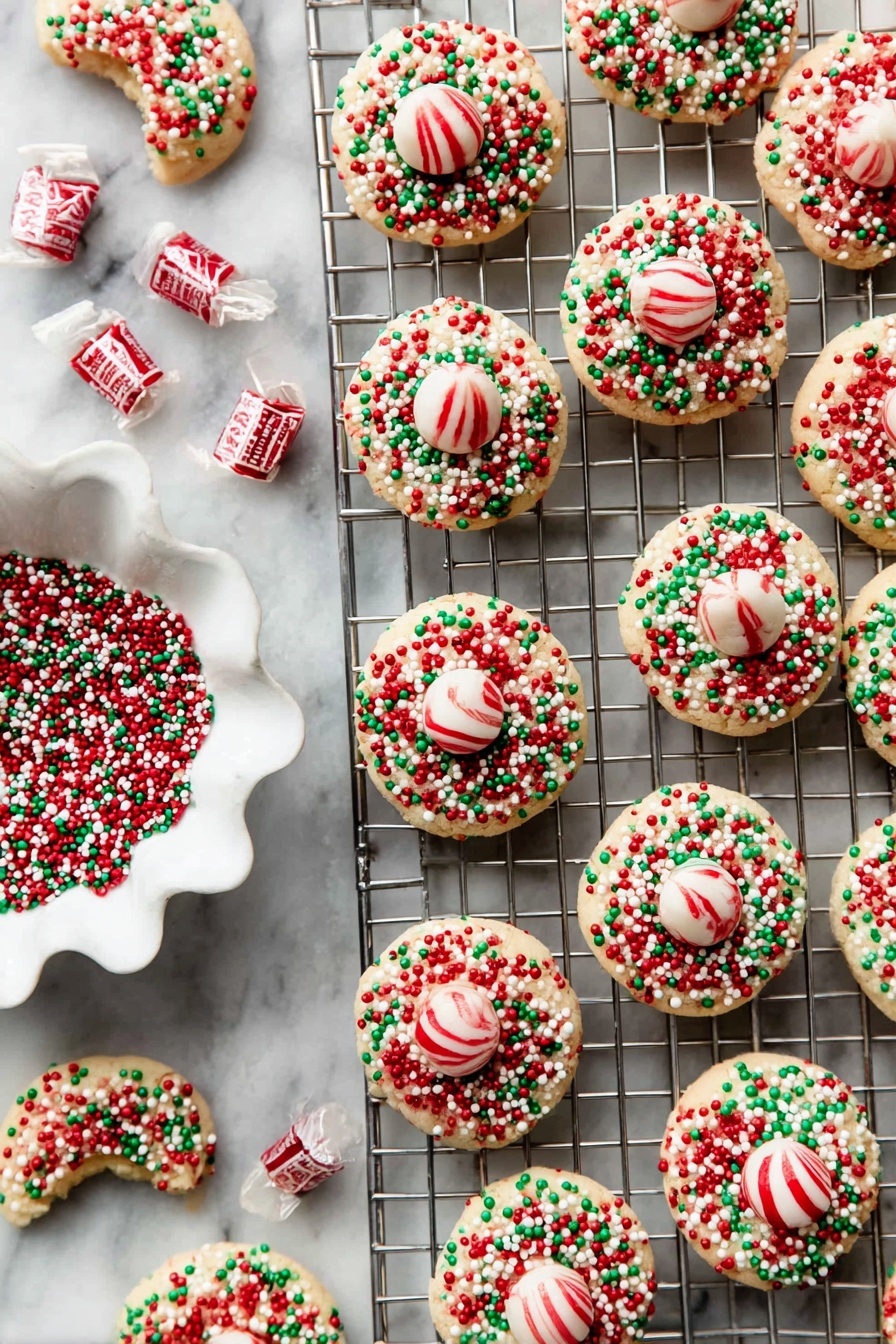 Candy Cane Kiss Cookies, festive holiday cookies, peppermint sugar cookies, Christmas cookies with Hershey's Kisses, easy holiday treat - The image shows many round cookies on a cooling rack, each with a light golden base covered in small red, green, and white round sprinkles. At the center of each cookie is a round white piece of candy with red stripes that looks like a peppermint. One cookie is broken, showing its soft inside. To the left, there is a white scalloped bowl filled with the same small red, green, and white sprinkles and some unwrapped candies around it. The background is a white marbled texture. photo taken with an iphone --ar 2:3 --v 7
