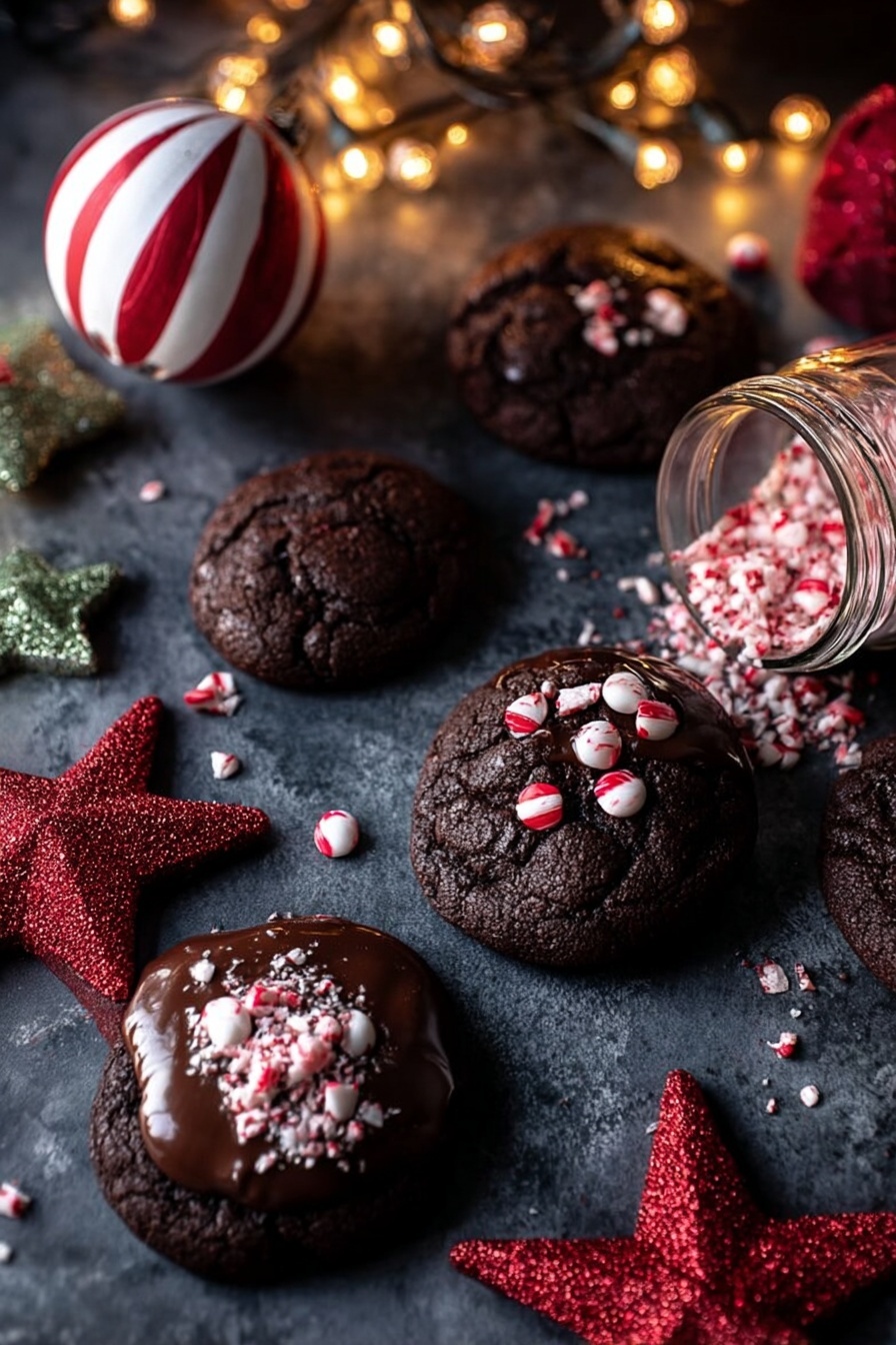 Chocolate Hazelnut Caramel Stuffed Brownie Cookies, chocolate hazelnut caramel stuffed brownie cookies, dessert recipes, indulgent cookie recipes, caramel filled cookies - The image shows six dark chocolate cookies on a dark smooth surface with crushed red and white candy sprinkled on some of the cookies and also scattered around them. One cookie is partially dipped in melted chocolate with candies on top. There are holiday decorations around, including a white and red striped round ornament and two glittery red star shapes, as well as a glittery gold star in the background. A clear jar tipped over in the foreground suggests candy spilling out. Warm yellow string lights are draped above, softly glowing. photo taken with an iphone --ar 2:3 --v 7