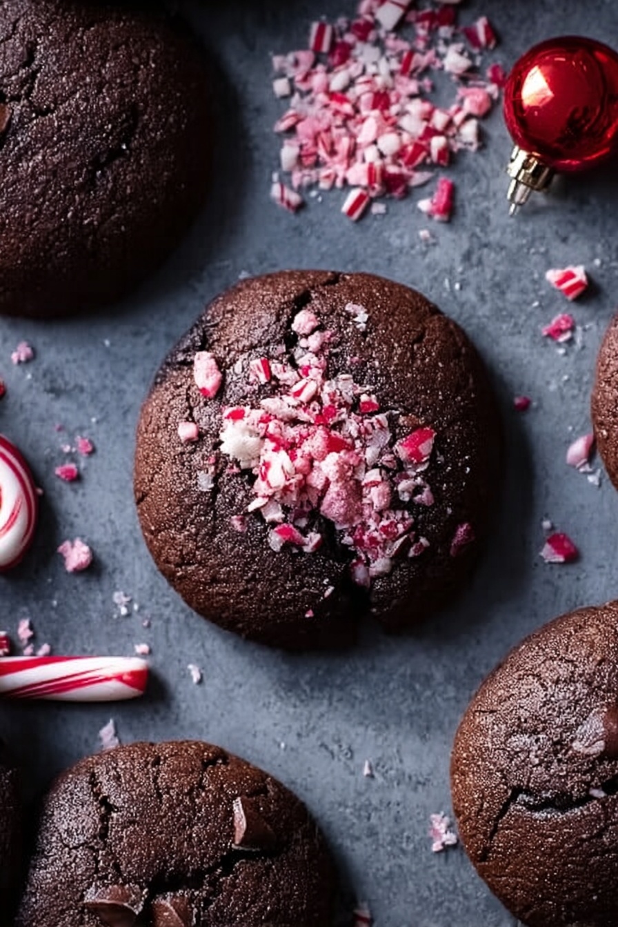 Chocolate Hazelnut Caramel Stuffed Brownie Cookies, chocolate hazelnut caramel stuffed brownie cookies, dessert recipes, indulgent cookie recipes, caramel filled cookies - The image shows a group of dark brown round cookies arranged on a dark grey surface, with one cookie in the center topped with crushed pink and white candy pieces and small bits of melted chocolate. The cookies have a rough texture and slight cracks on the surface. Scattered around them are more crushed pink candies, a red and white striped ornament on the left, and a small lightbulb on the top right. The scene has a cozy and festive feeling. Photo taken with an iphone --ar 2:3 --v 7