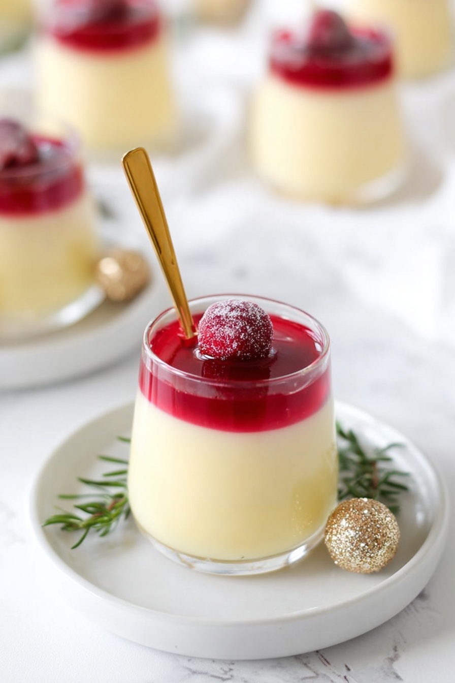 Eggnog Panna Cotta with Spiked Cranberry Sauce, holiday eggnog dessert, festive panna cotta recipe, boozy cranberry sauce, winter holiday dessert - The image shows four small clear glasses filled with two layers of dessert. The bottom layer is creamy white and smooth, making up most of the glass. The top layer is a bright red jelly, shiny and thick, covering the creamy layer completely. On top of each red layer, there is a bright red berry covered with a light dusting of sugar, along with a small green rosemary sprig placed diagonally. The glasses are set on a white marbled surface, with some green rosemary leaves and small gold balls decorating around them. Photo taken with an iphone --ar 2:3 --v 7