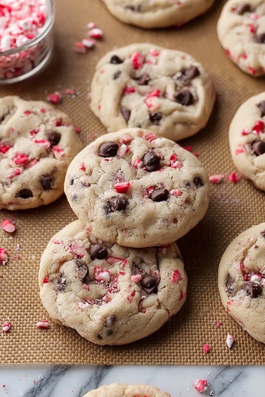 Peppermint Oreo Cookie Cups, peppermint cookie cups, holiday peppermint cookies, mint chocolate cookie cups, festive Oreo treats - The image shows a small stack of three chunky cookies on a white lace paper doily placed on brown parchment paper. The cookies are light beige and embedded with visible dark chocolate chips and small red and white candy bits spread evenly throughout. The top cookie of the stack has a bite taken out, revealing a soft, dense inside with the same chocolate and candy pieces. In the background, more cookies are cooling on a wire rack, slightly blurred, and to the left is a white ceramic ramekin filled with rough pink and white candy pieces. The whole scene sits on a white marbled surface photo taken with an iphone --ar 2:3 --v 7