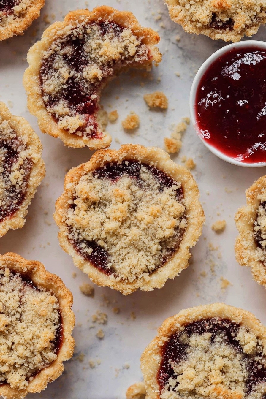 Raspberry Crumble Cookies, raspberry cookies with crumble topping, easy raspberry dessert, fruity cookie recipes, homemade raspberry cookies - The image shows several small round crumb-topped jam tarts placed on a white marbled surface. Each tart has a golden-brown crust forming the base and holding dark red jam with a glossy texture that pokes through the crumb topping. The crumb topping is light beige with a crumbly, rough texture unevenly spread on top of the jam. Some tarts have small bites taken out, revealing the jam inside. A small white bowl filled with thick red jam sits among the tarts. There are loose crumbs scattered on the surface near the tarts. Photo taken with an iphone --ar 2:3 --v 7