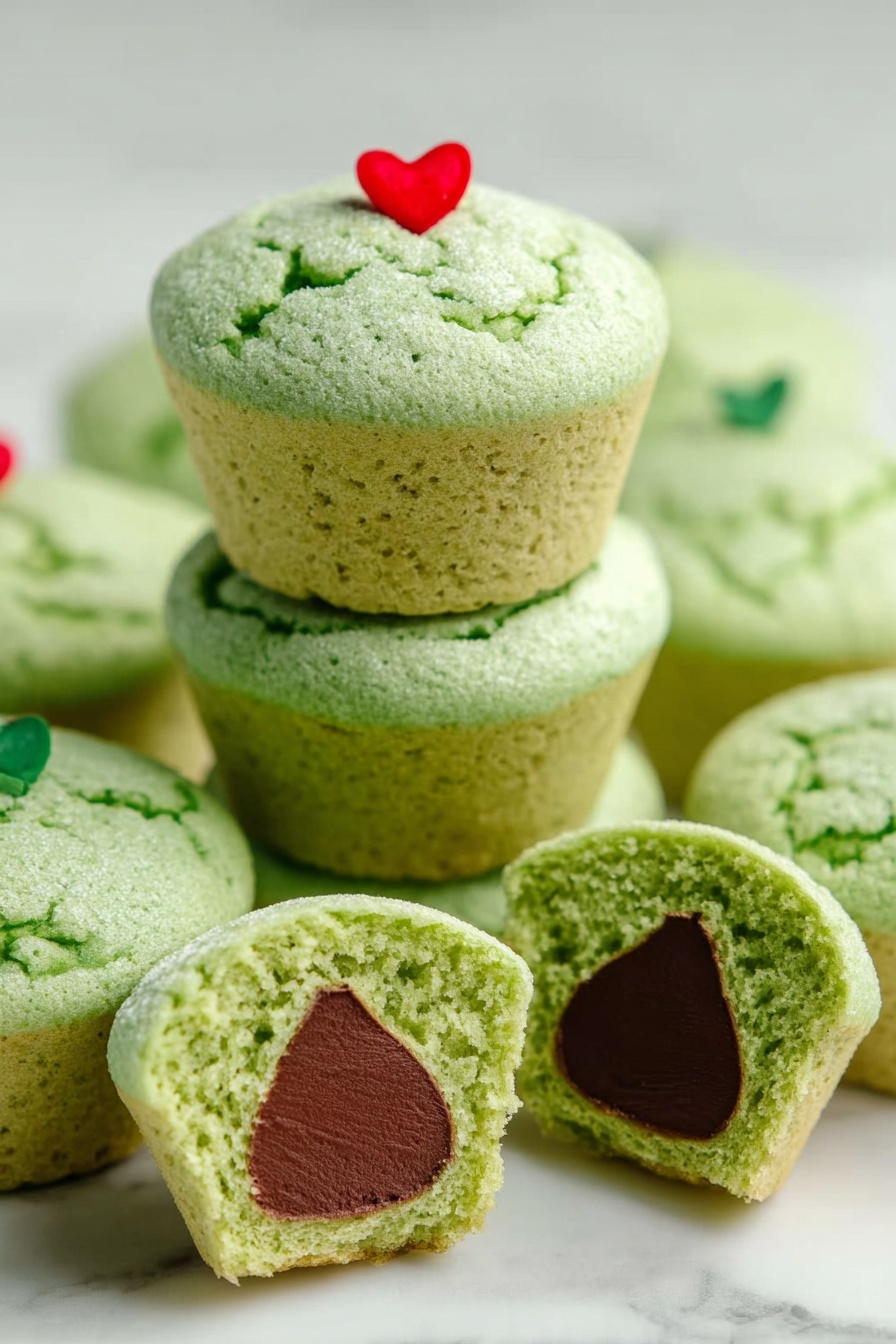 Grinch Cookie Cups with Hershey’s Kisses, festive Christmas cookies, green holiday treats, chocolate stuffed cookie cups, easy holiday cookie recipes - The image shows a stack of green muffins with a soft texture, each with a fluffy top layer that has small cracks and a light green color. The top muffin has a small red heart decoration placed near the center of its domed top. The middle muffin is plain, showing the same green color with airy holes. In front, a muffin is cut in half, revealing two layers: the top fluffy green layer and a smooth chocolate layer shaped like a teardrop inside, topped with a small red heart decoration on the surface. The muffins sit on a white marbled surface with soft lighting. Photo taken with an iphone --ar 2:3 --v 7