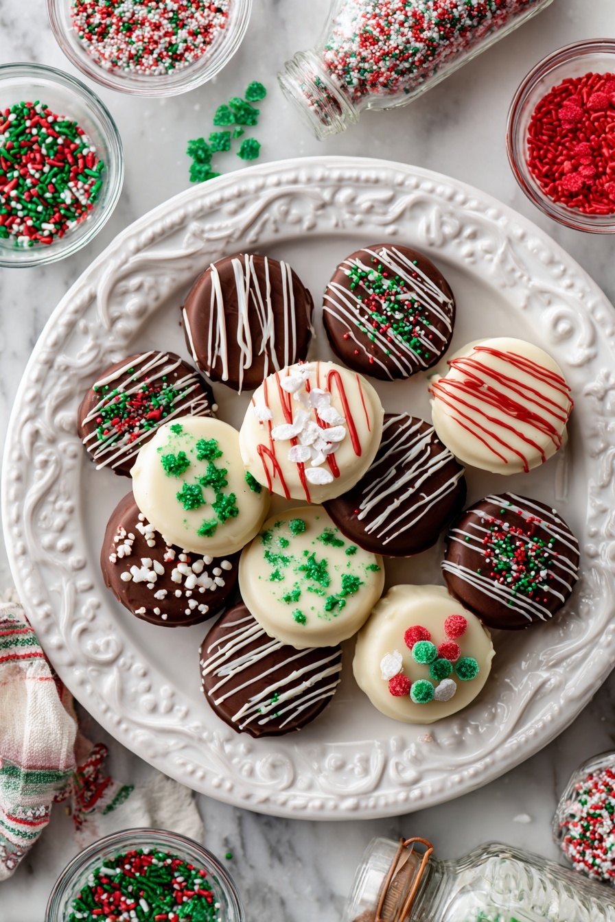 Christmas Chocolate Covered Oreos, festive Oreo treats, holiday chocolate desserts, easy holiday cookies, Christmas dessert ideas - A white ornate plate with many round chocolate-covered treats arranged in a slightly overlapping manner. Each treat has a smooth chocolate base layer with various decorations on top including green, red, and white sprinkles, small candy shapes, and some are dipped halfway in white chocolate with sprinkles. There are drizzle patterns in red, green, and white icing on several pieces, adding texture and color contrast. Around the plate, small clear bowls hold red, green, and white sprinkles, while a small bottle filled with green and red sprinkles is nearby. The surface beneath everything is a white marbled texture. Photo taken with an iphone --ar 2:3 --v 7