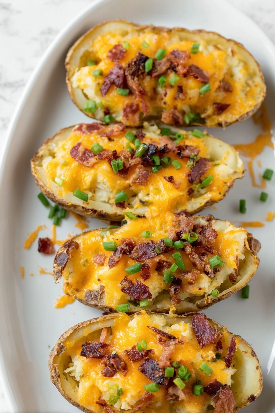 Twice Baked Potatoes with Bacon and Cheese, best twice baked potatoes, loaded potato recipes, cheesy bacon stuffed potatoes, comfort food potato dishes - Four potato skins are placed on a white plate with a white marbled background. Each potato skin is filled with a soft, light yellow mashed potato mix covered with melted orange cheddar cheese. Crispy brown bacon pieces and bright green chopped chives are sprinkled evenly over the tops. The potato skins have a golden-brown textured edge, with some melted cheese slightly dripping onto the plate. The colors of the cheese contrast with the green chives and dark bacon bits. Photo taken with an iphone --ar 2:3 --v 7