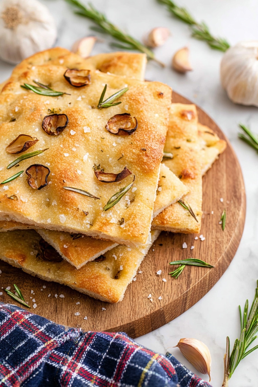 Garlic Rosemary Focaccia Bread, homemade focaccia bread recipe, garlic rosemary bread, easy focaccia recipe, crispy garlic rosemary bread - Several pieces of focaccia bread are stacked on a round wooden board. Each piece has a golden-brown crust with a rough texture, scattered with coarse salt grains. On top of the bread are small roasted garlic slices that are brownish, and fresh green rosemary sprigs adding a touch of color. The wooden board sits on a white marbled surface, with garlic bulbs and extra rosemary sprigs around it. A folded blue, white, and red plaid cloth is partly visible in the bottom right corner. photo taken with an iphone --ar 2:3 --v 7