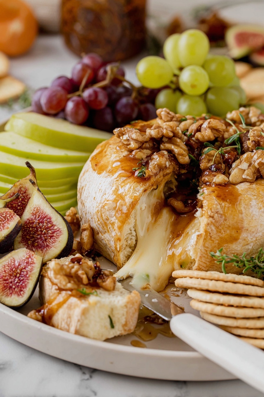 Baked Brie with Jam and Nuts, baked brie appetizer, easy baked brie recipe, puff pastry cheese appetizer, festive cheese dip - The image shows a white plate on a white marbled surface filled with a variety of foods. At the center, there is a round golden-brown baked item with a glossy top, where a wedge has been taken out, revealing melted creamy cheese flowing out, mixed with small rice-shaped bits and walnuts on top. To the left, there are light green grapes and thin slices of green pear arranged in a fan shape. Near the edge of the plate are light round crackers stacked on top of each other. A knife with a white handle and a metallic blade is partially inserted into a small piece of bread with melted cheese. On top of the baked item, there are sliced figs with their pink inner flesh and tiny seeds visible, along with more walnuts and green herbs. The background shows a blurred jar and other fruits. Photo taken with an iphone --ar 2:3 --v 7