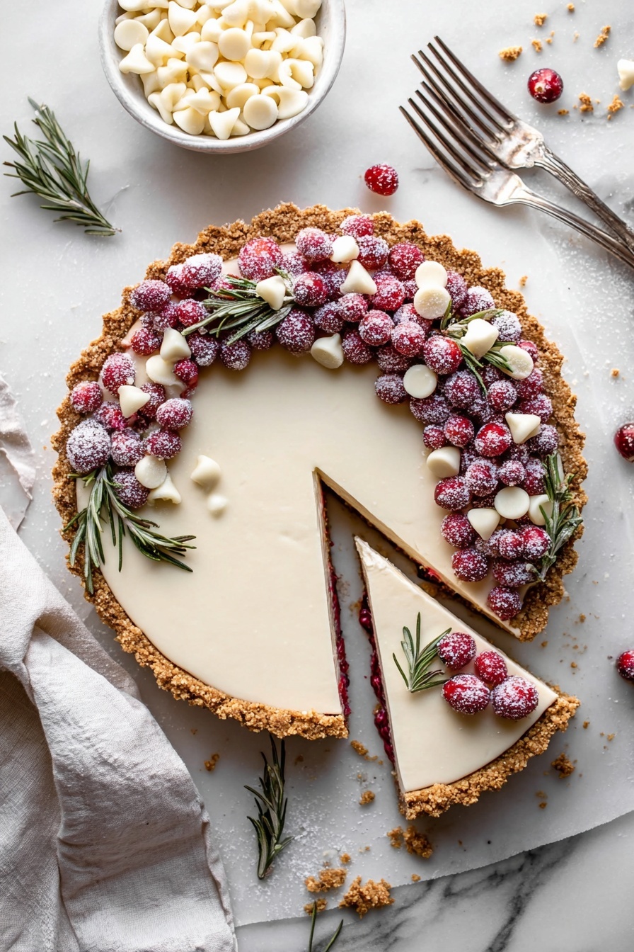 Cranberry White Chocolate Tart, festive dessert recipes, holiday tart ideas, easy tart recipes, rich dessert with cranberries and white chocolate - A tart with a crumbly light brown crust holding a smooth, pale cream filling sits on a white marbled surface with a piece cut out revealing a layer of red cranberry sauce beneath. The top edge of the tart is decorated with fresh red cranberries, some sugared for a frosty look, white chocolate chips, and sprigs of green rosemary arranged in a semi-circle. A white bowl filled with more white chocolate chips is nearby, alongside two silver forks and scattered chips and crumbs. A woman's hand holds the slice of tart, showing the layers clearly. The scene has soft natural lighting and a light gray cloth partially under the tart. photo taken with an iphone --ar 2:3 --v 7