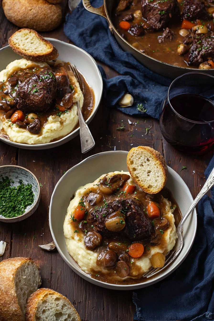 Coq au Vin, French chicken stew, classic French dish, hearty wine braised chicken, traditional Coq au Vin - Two white bowls filled with a layer of creamy mashed potatoes topped with pieces of dark brown meat covered in thick brown gravy with whole small onions, sliced mushrooms, and chunks of orange carrots scattered around. Each bowl has a silver fork placed on the right side, partially resting on the mashed potatoes. One bowl also has two pieces of light brown crusty bread placed on top of the mashed potatoes. The bowls are set on a dark wooden surface with a few pieces of bread, a glass of red wine, a small bowl of chopped green herbs, and a dark blue cloth napkin nearby. To the upper right, there is a large pan filled with more meat, vegetables, and gravy. photo taken with an iphone --ar 2:3 --v 7