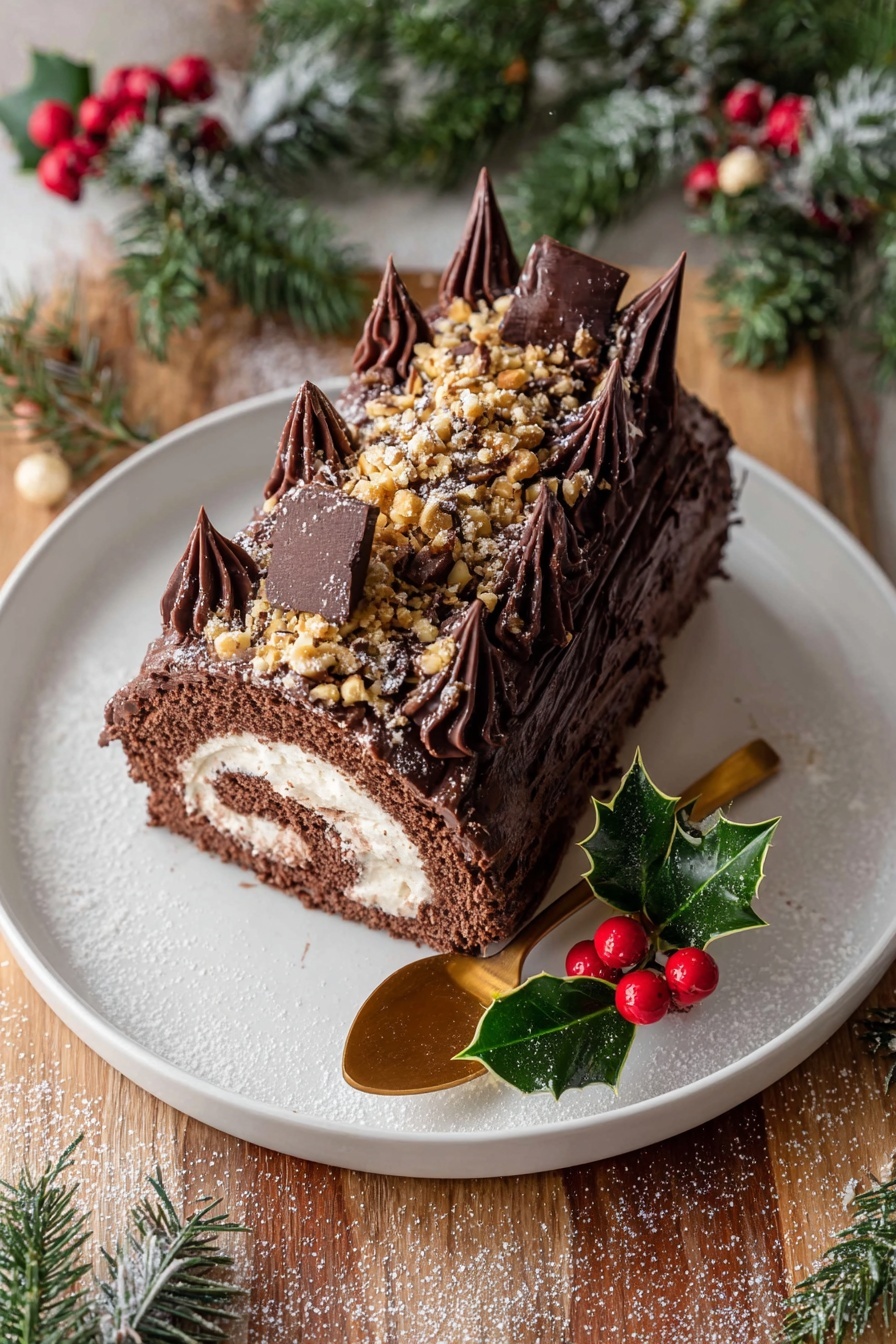 Chocolate Hazelnut Yule Log, holiday chocolate cake roll, festive chocolate dessert, nutty chocolate yule log, easy holiday cake roll - A chocolate roll cake is placed on a white plate, which sits on two layered wooden slabs with bark edges. The cake has three visible layers: a light brown swirl cream inside, a darker chocolate cream frosting covering the outside in a wave-like texture, and thin dark chocolate slices arranged on top in a row. The top is sprinkled with crushed nuts and powdered sugar. The cake is decorated with green holly leaves and bright red berries on top. Around the cake, there are red berries, a pine branch, and small frosted decorative pine trees on a white marbled surface. In the blurry background, there are white candles and white decorative houses. photo taken with an iphone --ar 2:3 --v 7