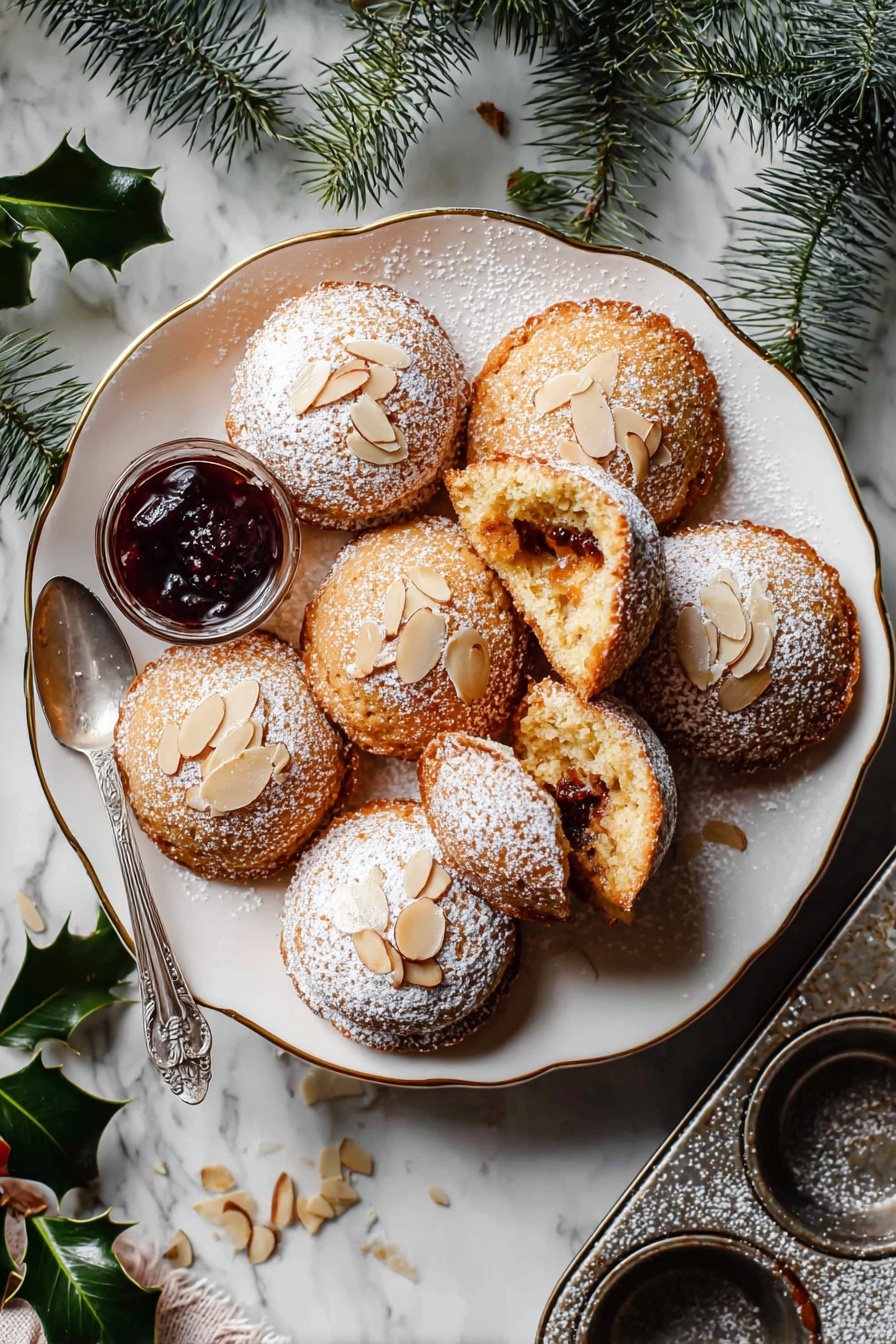 Festive Mince Pies with Frangipane Topping, mince pie recipes, holiday baking ideas, almond frangipane desserts, Christmas pastry treats - Eleven round sandwich cookies are shown on crumpled parchment paper atop a white marbled surface. Each cookie has two golden brown almond-studded cake layers with a pale cream filling in the middle. The top cake layers are dusted with powdered sugar, which is also scattered around on the parchment and surface. A dark metal sieve filled with powdered sugar sits on the left side among the cookies, adding texture and detail. The overall look is rustic with warm tones and soft lighting. Photo taken with an iphone --ar 2:3 --v 7