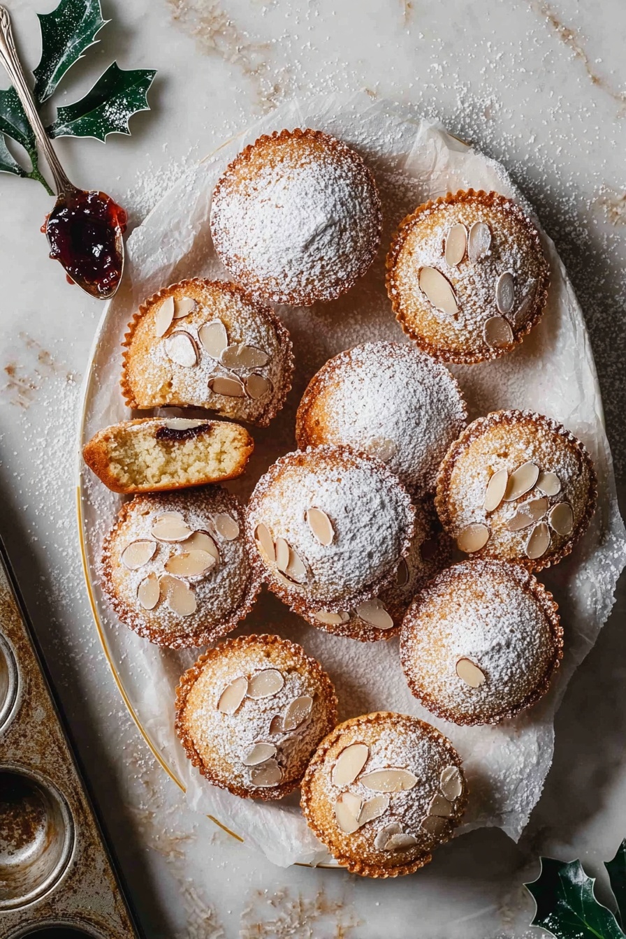 Festive Mince Pies with Frangipane Topping, mince pie recipes, holiday baking ideas, almond frangipane desserts, Christmas pastry treats - The image shows a white plate with a gold rim holding eight round golden-brown almond cakes, each cake topped with thin pale almond slices and a light dusting of powdered sugar. One cake is broken in half on top, revealing a soft, moist inside with a dark filling. The plate is placed on a white marbled surface decorated with dark green pine and holly leaves. To the left of the plate, there is a spoon with a dark fruit jam sitting on the edge of the plate. A vintage metal baking tray with empty round molds is partially visible underneath and next to the plate. photo taken with an iphone --ar 2:3 --v 7