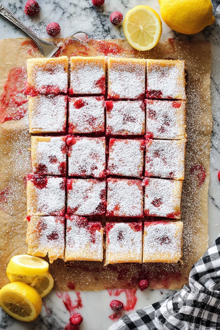 Cranberry Lemon Bars, Cranberry Lemon Bars recipe, lemon cranberry dessert, easy lemon bars, holiday dessert recipes - A square dessert is shown, cut into 16 small pieces arranged in a 4 by 4 grid. Each piece has a top layer dusted heavily with white powdered sugar, giving a soft, snowy look. Underneath, a vibrant red filling is visible, adding bright color between the golden brown crust edges. The dessert sits on a piece of lightly stained parchment paper that has red fruit juices spread around the edges. Scattered fresh red berries are placed near the dessert, along with two squeezed yellow lemon halves at the bottom and top right. A white and black checkered cloth is partially visible at the bottom right corner. The whole setup is placed on a white marbled surface with a woman's hand holding a metal utensil near the top left. photo taken with an iphone --ar 2:3 --v 7