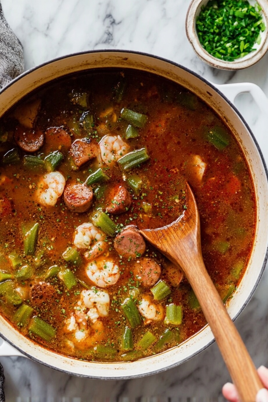 Shrimp and Sausage Gumbo, Cajun gumbo, Southern gumbo recipe, hearty seafood and sausage stew, authentic gumbo tips - A large white pot filled with a spicy stew showing several layers: the top layer has a reddish-brown broth with black pepper sprinkled all over, pieces of green okra floating around, and slices of browned sausage distributed throughout. Below the surface, pale shrimp are visible, partially submerged in the thick broth. A wooden spatula is stirring the stew inside the pot, held by a woman's hand. The pot is placed on a white marbled surface with a small bowl of green chopped herbs nearby. Photo taken with an iphone --ar 2:3 --v 7