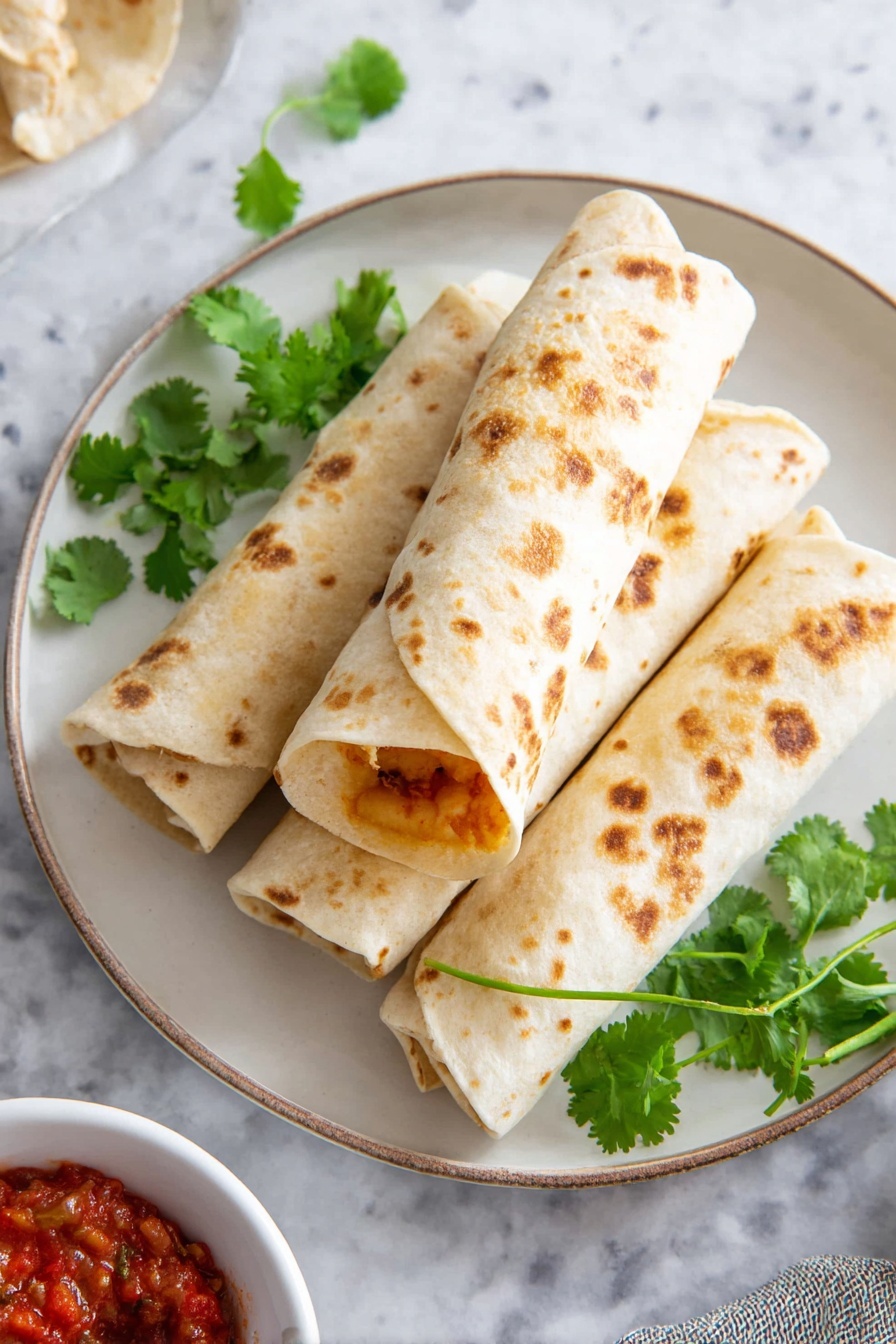 Cheesy Bean and Rice Burritos, cheesy bean burritos, easy burrito recipes, quick Mexican-inspired meals, savory bean and rice wraps - Four lightly browned rolled tortillas with small brown spots are stacked on a white plate in the center of the image, with one placed on top and one slightly open, showing a hint of orange filling. Green cilantro leaves are scattered on the tortillas and gathered behind them on the plate. The plate sits on a white marbled surface. In the lower left corner, part of a white bowl filled with chunky red salsa is visible. Photo taken with an iphone --ar 2:3 --v 7