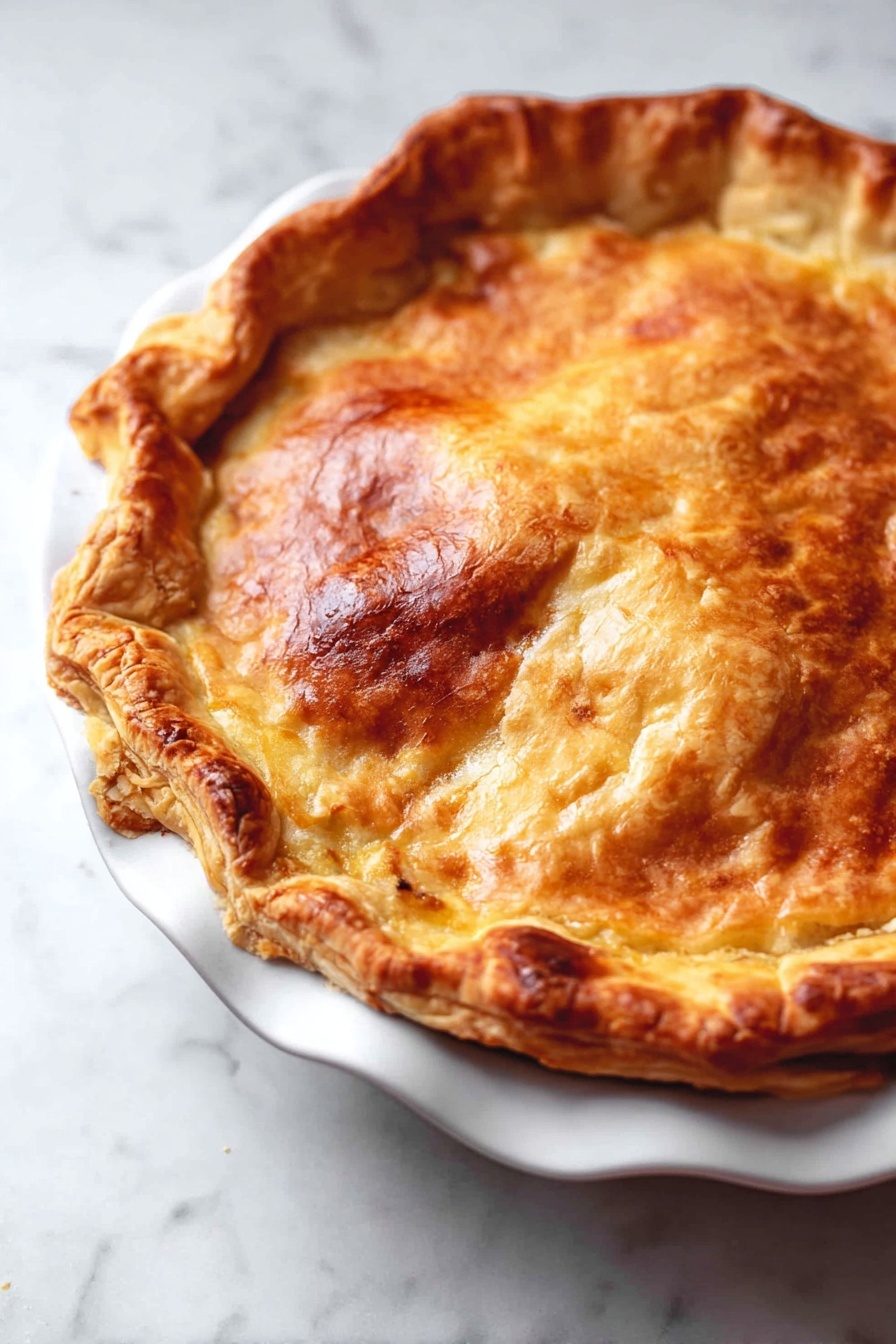 Chicken and Mushroom Puff Pie, savory puff pastry pie with chicken and mushrooms, hearty chicken mushroom pie, easy chicken mushroom puff dish, comfort food pie recipe - A round pastry pie with a thick golden-brown crust baked to a crispy texture. The top layer is smooth and shiny, covering the pie completely, with slightly raised edges showing a folded or crimped pattern. The pie sits on a white ceramic dish with scalloped edges. The background is a white marbled surface. photo taken with an iphone --ar 2:3 --v 7