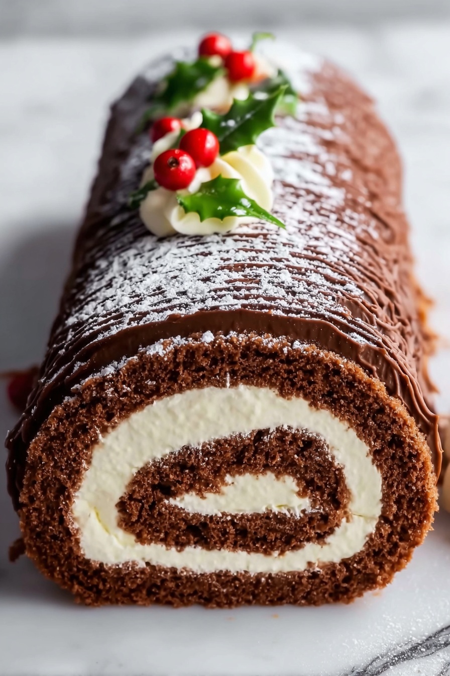 Chocolate Yule Log Dessert, festive chocolate Yule log, holiday dessert ideas, Christmas log cake, easy Yule log recipe - The image shows a rolled chocolate cake with four visible layers: a dark brown chocolate outer layer with a textured, ridged pattern; a white creamy layer inside that is smooth and thick; another dark brown cake layer that is soft and spongy; and a final white cream layer in the center that looks fluffy. The top of the cake roll is dusted with white powdered sugar and decorated with small red berries and green leaves, adding color contrast. The cake is placed on a white marbled surface. photo taken with an iphone --ar 2:3 --v 7