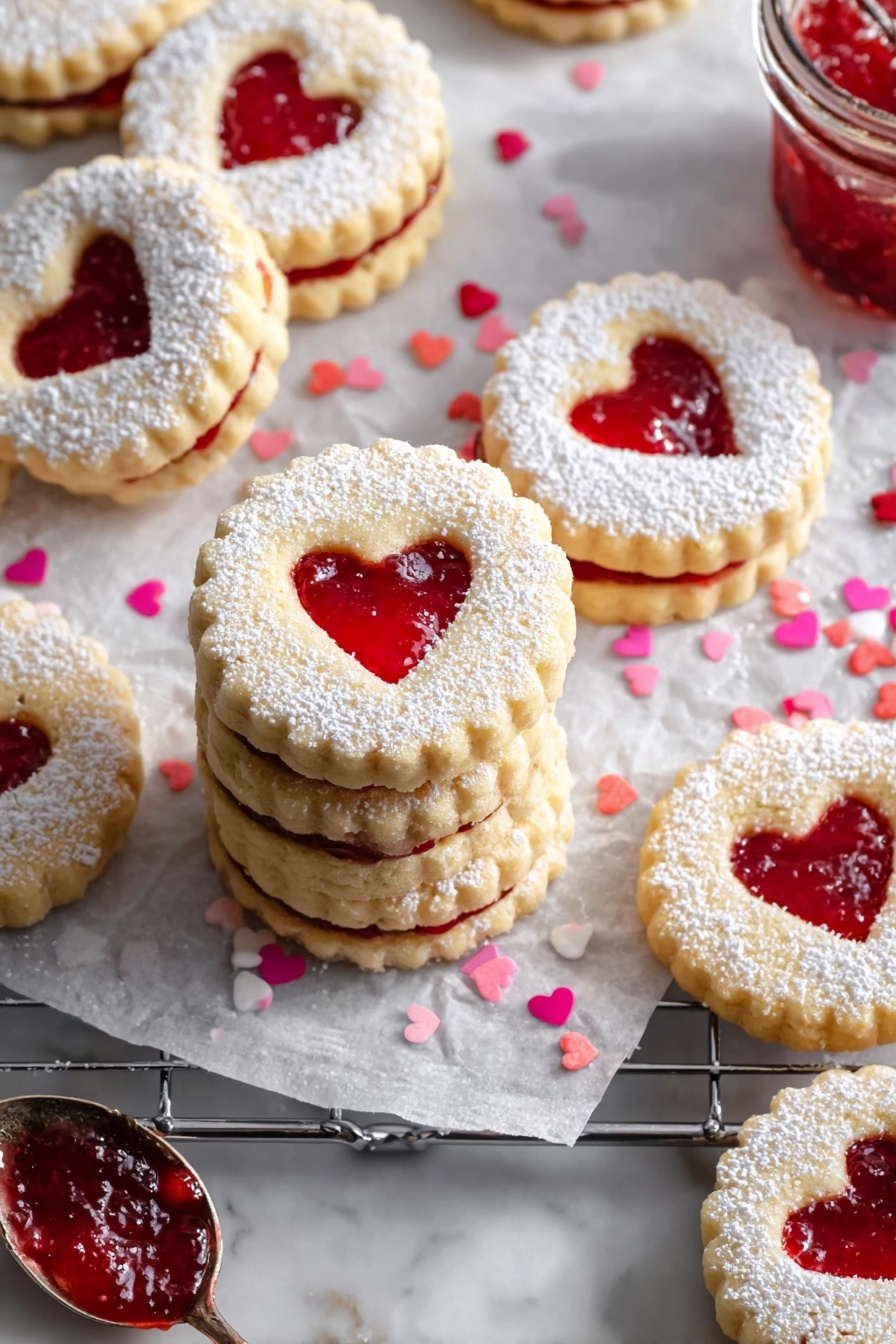 Raspberry Linzer Cookies, elegant jam-filled cookies, holiday cookie recipes, buttery raspberry sandwich cookies, homemade Linzer cookies - The image shows several round sandwich cookies with scalloped edges arranged on white parchment paper over a white marbled surface. Each cookie has two layers: a bottom layer of light golden-brown cookie and a top layer dusted with white powdered sugar. The top layer has a heart-shaped cutout in the center, revealing a shiny bright red jam filling inside. Some cookies are stacked, showing both layers, while others lie flat. Small pink and red heart-shaped sprinkles are scattered around the cookies. photo taken with an iphone --ar 2:3 --v 7