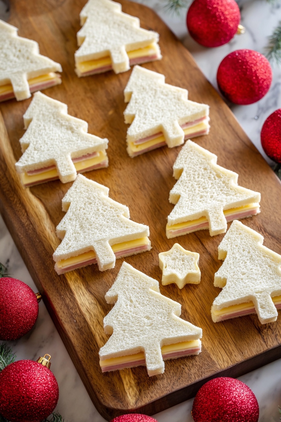 Christmas Tree Sandwiches, festive kid-friendly snacks, holiday party appetizers, easy Christmas treats, fun holiday recipes - The image shows multiple Christmas tree-shaped sandwiches arranged neatly on a wooden cutting board. Each sandwich has three layers: a white soft bread layer on top, followed by a light pink layer of ham or similar, and a pale yellow layer of cheese at the bottom. The sandwiches are cleanly cut with a cookie cutter, which is placed in the middle of the board. Around the board are red Christmas ornaments adding a festive touch, all set on a white marbled background. photo taken with an iphone --ar 2:3 --v 7