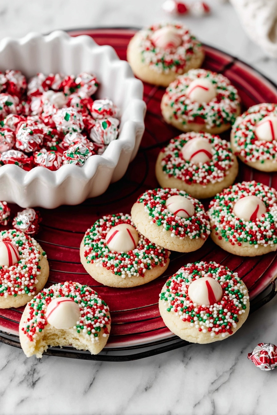 Candy Cane Kiss Cookies, festive holiday cookies, peppermint sugar cookies, Christmas cookies with Hershey's Kisses, easy holiday treat - A white marbled surface holds a white plate with red decorative leaf patterns, filled with a pile of round cookies. Each cookie has two layers: a base layer that is light beige and rough-textured, covered on the top edge with small round red, white, and green sprinkles, and a top center layer that is a smooth candy with white, red swirled stripes. Around the main plate, there are small white bowls containing the same holiday-colored sprinkles, and near the top right, there is a partly eaten cookie showing its soft inside. Photo taken with an iphone --ar 2:3 --v 7