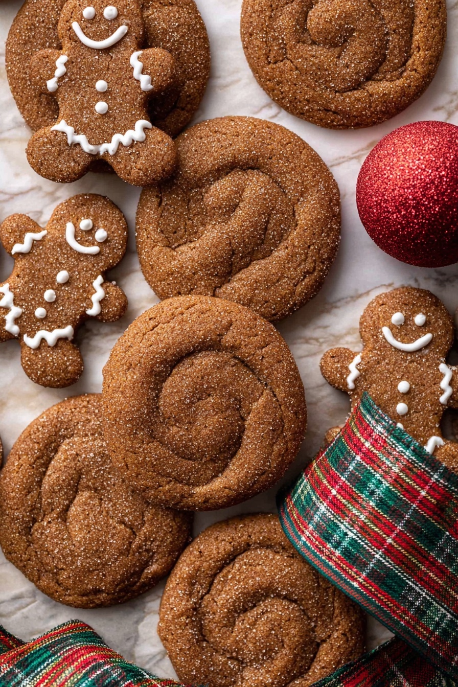 Gingerbread Cheesecake Cookies, holiday spiced cookies, creamy cheesecake cookies, gingerbread dessert ideas, festive cookie recipes - A group of round, brown cookies with a slightly cracked surface and a shiny sugar coating are spread over a white marbled surface covered with parchment paper. Among them are small gingerbread men cookies decorated with white icing showing smiling faces, buttons, and zigzag patterns on arms and legs. A red glittery ball ornament and a green and red plaid ribbon weave through the cookies, adding a festive touch photo taken with an iphone --ar 2:3 --v 7