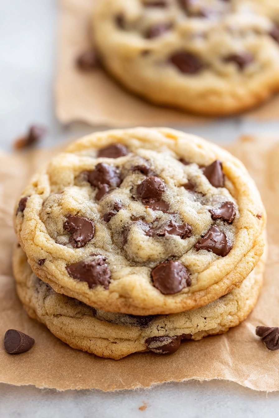 Classic Chocolate Chip Cookies, homemade chocolate chip cookies, chewy chocolate chip cookies, easy cookie recipe, best chocolate chip cookies - The image shows three chocolate chip cookies stacked on top of each other. Each cookie has a golden-brown edge with a soft, light tan center filled with melted dark brown chocolate chips. The cookies are placed on light brown parchment paper, spread on a smooth white marbled surface. The top cookie is in focus, showing its bumpy and slightly chewy texture with chocolate chips scattered unevenly across its surface. Photo taken with an iphone --ar 2:3 --v 7