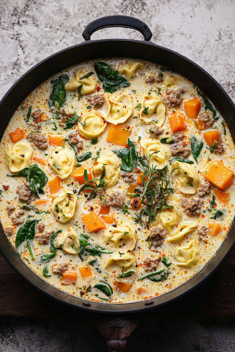 Creamy Sausage Tortellini Soup, Italian sausage tortellini soup, easy creamy sausage soup, comforting weeknight soup, quick sausage tortellini recipe - A black pan filled with a creamy soup that has three main layers: chunks of orange squash, yellow tortellini pasta, and small pieces of cooked ground meat spread evenly throughout. The soup base is light-colored cream with orange oil spots floating on top. Dark green spinach leaves and sprigs of fresh herbs are scattered on the surface. The pan is placed on a textured white marbled surface. photo taken with an iphone --ar 2:3 --v 7