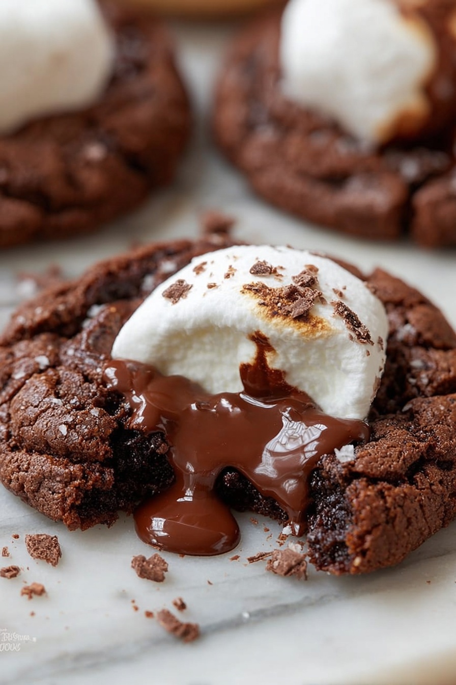 Hot Chocolate Cookies with Marshmallows, Hot Chocolate Cookies, Chocolate Marshmallow Cookies, Cocoa Cookies with Marshmallows, Warm Hug Cookies - The image shows a close-up of a dark brown chocolate cookie with a rough, crumbly texture. On top of the cookie, there is a large white marshmallow that looks soft and slightly melted, with melted chocolate oozing from underneath it and spreading across the cookie's surface. The marshmallow has some small chocolate crumbs on it. The cookie is placed on a white marbled surface, with bits of chocolate scattered around. Photo taken with an iphone --ar 2:3 --v 7