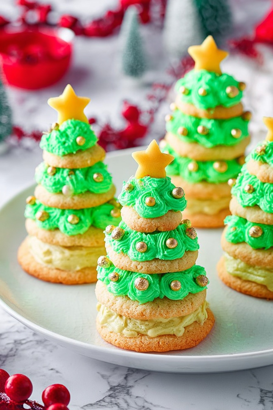 Christmas Tree Cookies with Buttercream Frosting, festive holiday cookies, Christmas baking ideas, easy Christmas cookies, holiday cookie decorating - The image shows several small Christmas tree-shaped desserts made by stacking three round golden cookies with bright green frosting layers between each cookie, creating three distinct layers. The frosting is thick, textured, and piped in a way that forms a tree-like shape, with golden edible balls decorating the green frosting layers like ornaments. Each dessert is topped with a small yellow star decoration on the top layer of frosting. The cookies and frosting sit on a white plate placed on a white marbled surface, with some red berries and festive decorations in the background. photo taken with an iphone --ar 2:3 --v 7