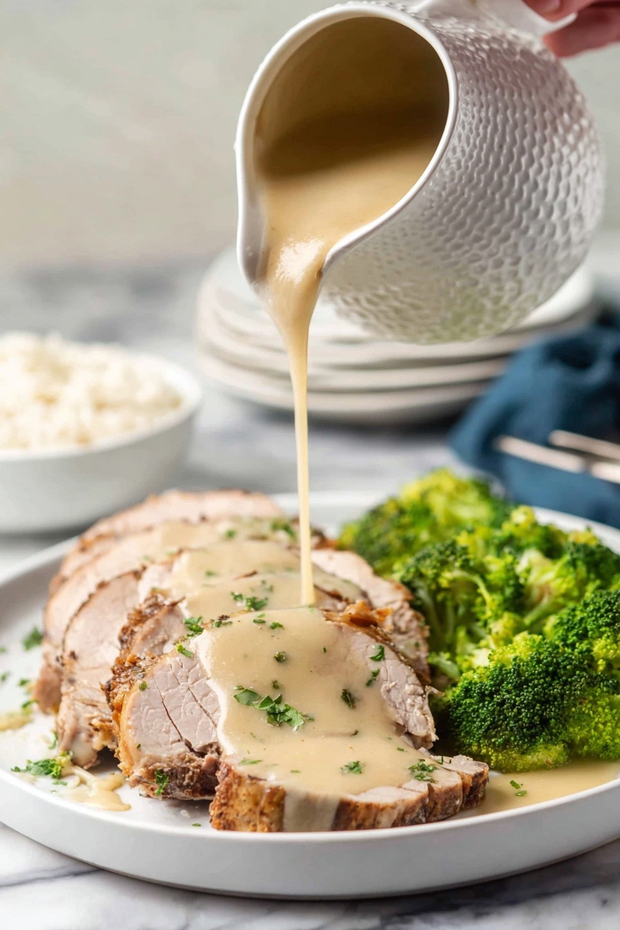 Crock Pot Pork Roast with Easy Gravy, slow cooker pork loin, tender pork roast recipe, easy dinner recipes, hearty pork meal - A white plate holds several slices of light brown cooked meat with a slightly darker crust on the edges, arranged in a neat row. A woman's hand pours a thick, creamy beige sauce over the center slices, creating a smooth layer that drapes over the meat. Bright green parsley pieces are scattered on top, adding color contrast. On the side of the plate, vibrant green broccoli florets add freshness to the dish. The scene is set on a white marbled surface, and in the background, a white textured pitcher is seen pouring the sauce, with a white bowl filled with rice and a stack of white plates slightly blurred. photo taken with an iphone --ar 2:3 --v 7