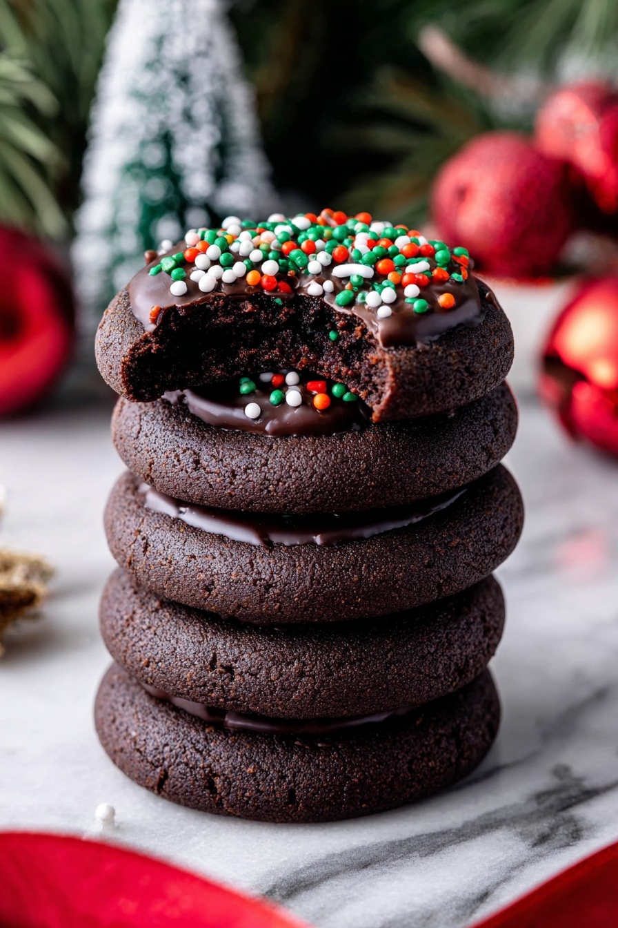 Chocolate Thumbprint Cookies with Ganache, chocolate thumbprint cookies, easy chocolate dessert, homemade holiday cookies, rich chocolate cookies - The image shows many round dark chocolate cookies arranged closely on a white marbled surface. Each cookie has a smooth, shiny layer of dark chocolate in the middle, which looks thick and glossy. On top of this chocolate layer, there are small red, green, and white round sprinkles scattered evenly. In the center top part of the image, there is a fluted white bowl filled with the same colored sprinkles. The cookies form a loose pattern around the bowl, covering most of the frame. photo taken with an iphone --ar 2:3 --v 7