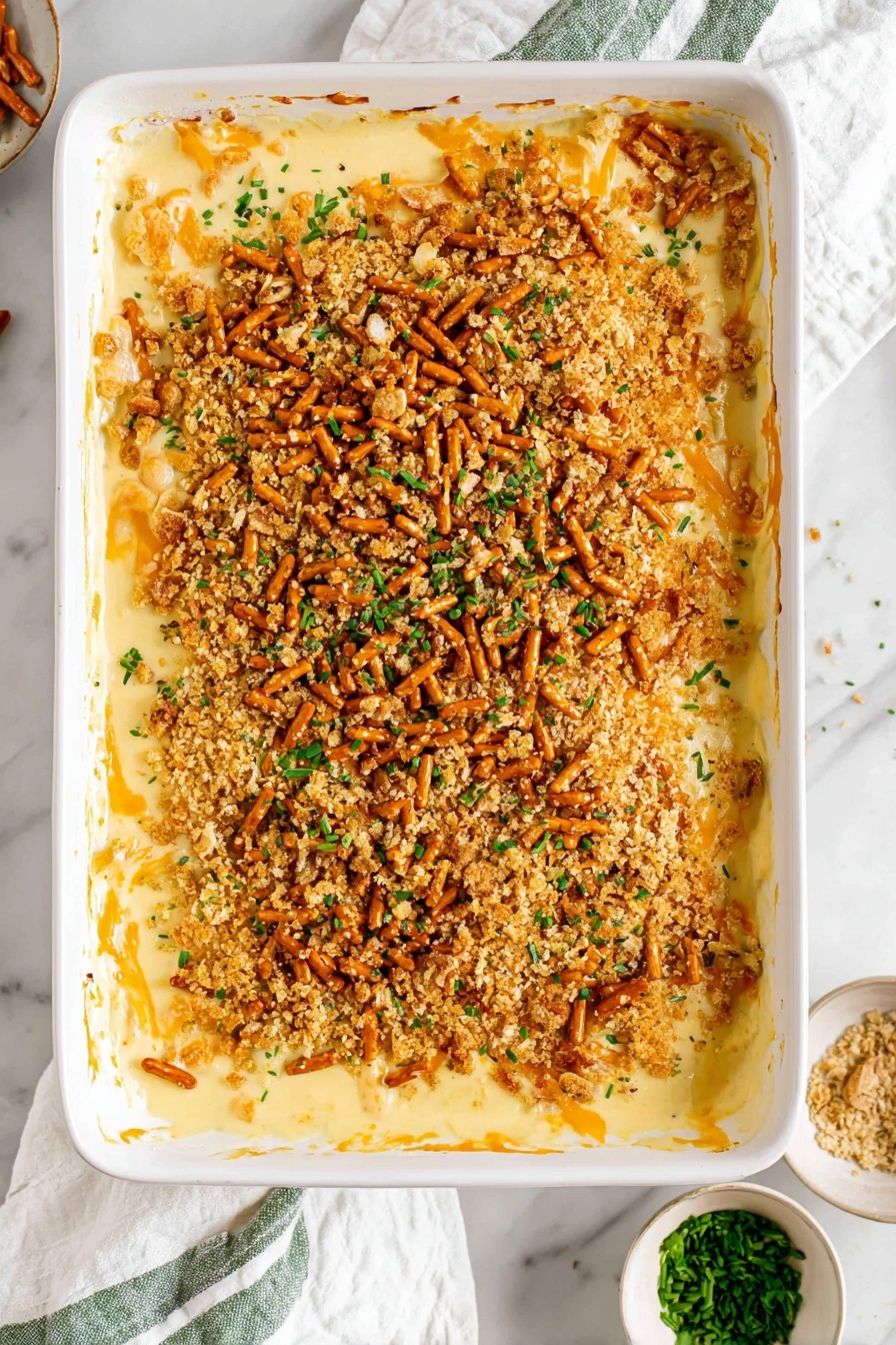 Baked Mac and Cheese with Pretzel Topping, cheesy baked mac and cheese, crunchy pretzel topping recipe, comfort food with a twist, gourmet mac and cheese - The image shows a white rectangular baking dish filled with a creamy casserole that has three visible layers: the bottom layer is smooth and pale yellow, the middle layer is thick and cheesy with a golden creamy texture, and the top layer is a crunchy mix of crushed pretzel sticks and breadcrumbs scattered evenly, giving a textured brown and light tan surface with small bits of green herbs sprinkled throughout. The casserole edges overflow slightly with the creamy middle layer. The dish is placed on a white marbled surface with a white cloth with green stripes to the right and a small white bowl with chopped green herbs below. Photo taken with an iphone --ar 2:3 --v 7