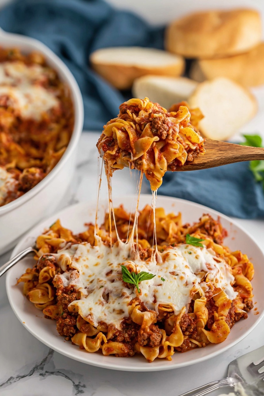 One-Pot Homemade Lasagna Hamburger Helper, easy cheesy lasagna dinner, quick weeknight lasagna, beginner-friendly lasagna recipe, comforting pasta skillet - A close-up of a wooden spoon lifting a serving of baked pasta from a white dish on a white marbled surface. The pasta dish has several layers: a base layer of twisty pasta in a rich red tomato sauce mixed with browned ground meat, topped with melted white cheese that stretches in thin strands from the lifted spoon to the pan below. The colors include the orange-yellow hue of the cooked pasta, dark red sauce with chunks of meat, and creamy white melted cheese covering the top layer deeply. In the blurry background, there is a blue cloth with pieces of bread on it. Photo taken with an iphone --ar 2:3 --v 7