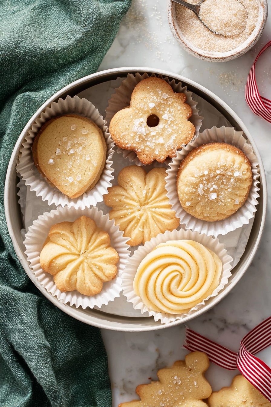 Delicious Danish Butter Cookies, Danish Butter Cookies, Butter Cookies Recipe, Classic Danish Cookies, Melt-in-Your-Mouth Butter Cookies - A round white container filled with five light golden cookies, each placed in white paper cups. The cookies have different shapes and textures: one is a heart with two holes and sugar crystals on top, two have soft swirling patterns with sugar crystals, and two have star-like ridged patterns. Around the container are more cookies in white paper cups and a small bowl holding coarse sugar. A green cloth and a ribbon with red stripes are near the container on a white marbled surface. photo taken with an iphone --ar 2:3 --v 7