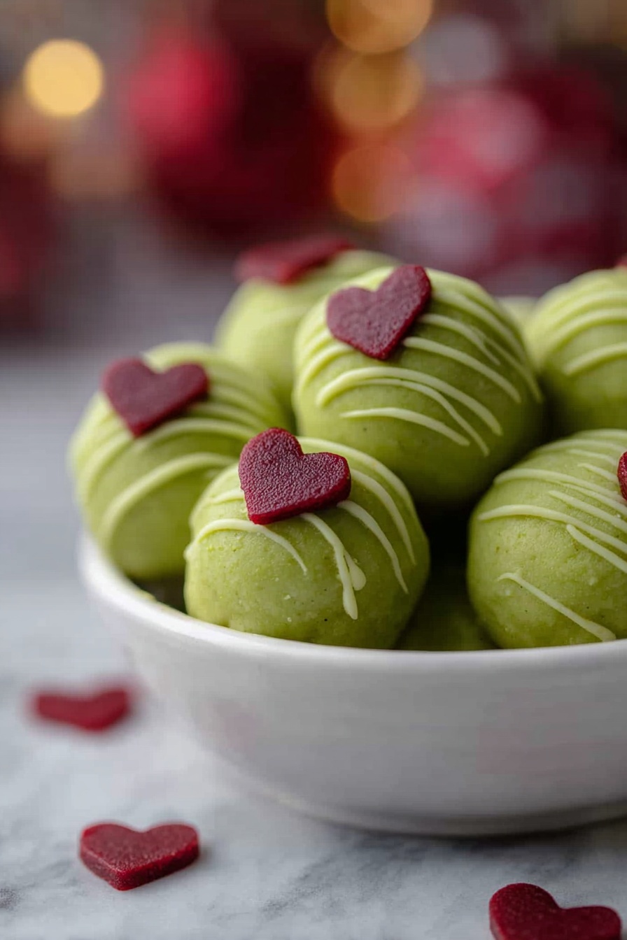 Grinch Oreo Truffles with Red Velvet, festive holiday treats, no-bake holiday desserts, easy Christmas truffles, green candy melt desserts - A woman's hand is holding a round green truffle with a smooth texture, decorated with thin lines of green icing wrapped around it like stripes. On one side, there is a small, flat red heart decoration placed near the center. In the blurry background, you can see more similar truffles with the same green color and red hearts on a white marbled surface. Soft round lights add a warm and cozy feeling to the image. photo taken with an iphone --ar 2:3 --v 7