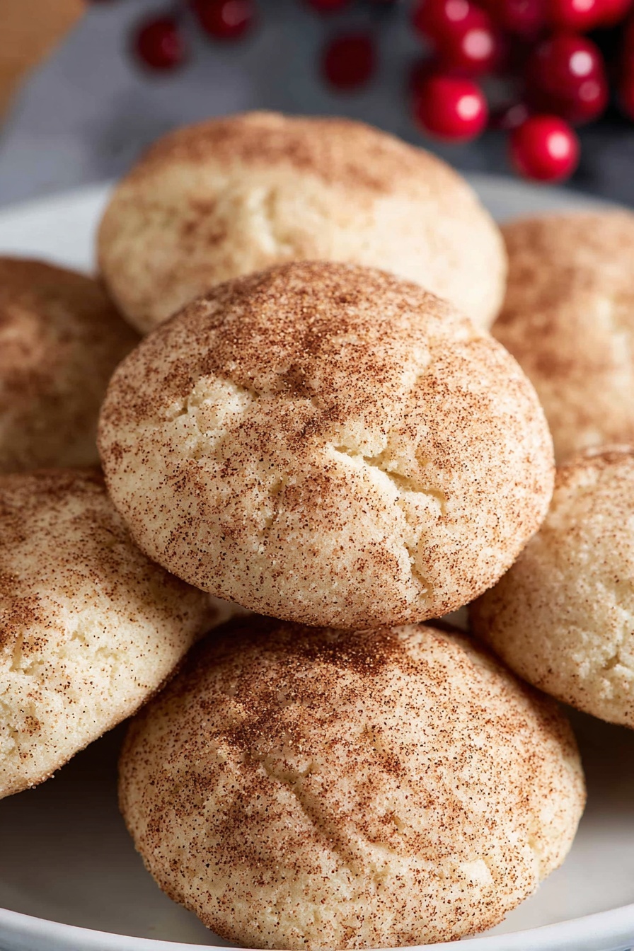 Cinnamon Cream Cheese Cookies, soft cinnamon sugar cookies with cream cheese, easy homemade cinnamon cookies, melt-in-your-mouth cinnamon cookies, buttery cream cheese cookies - A black plate filled with a pile of eleven round, soft-looking light beige cookies, each covered with a dusting of fine brown cinnamon powder, creating a slightly rough texture on the surface. Two cinnamon sticks lie on top, crossing over the cookies, adding warm brown tones and a woody texture. Surrounding the plate are festive decorations including glossy, bright red berries on thin brown stems and a large, old-fashioned bronze bell. The scene is set on a white marbled surface that contrasts with the black plate and the warm colors of the cookies and decorations. photo taken with an iphone --ar 2:3 --v 7