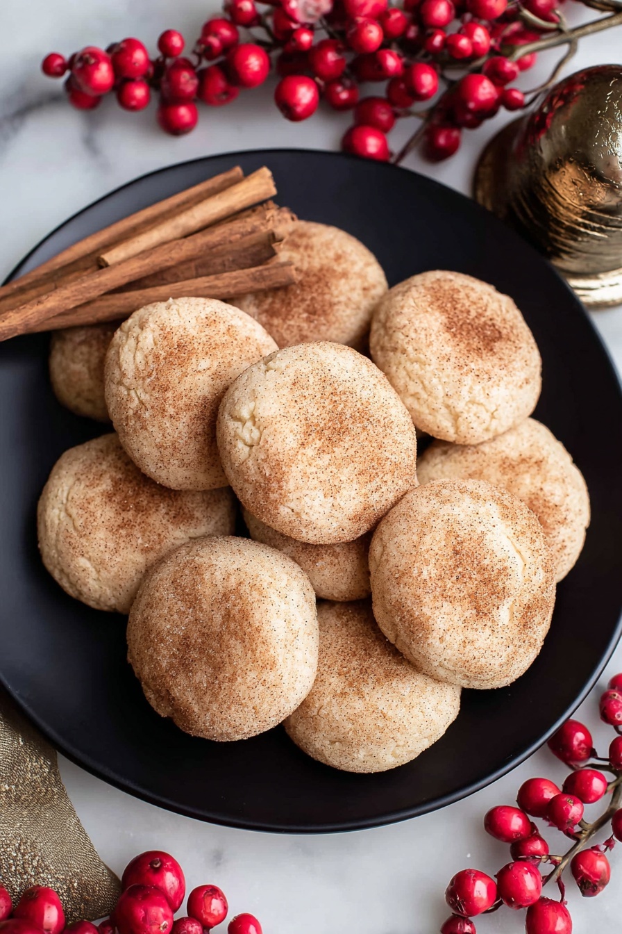 Cinnamon Cream Cheese Cookies, soft cinnamon sugar cookies with cream cheese, easy homemade cinnamon cookies, melt-in-your-mouth cinnamon cookies, buttery cream cheese cookies - A close-up image shows a group of soft, round cookies stacked closely on a white plate. Each cookie is light beige with a rough texture and is covered evenly with a thin layer of cinnamon powder, giving them a warm brown speckled look. The cookies have gentle cracks and small dimples on their tops, suggesting a tender, crumbly texture. The background is blurred but shows red berries and a white marbled surface beneath the plate. photo taken with an iphone --ar 2:3 --v 7
