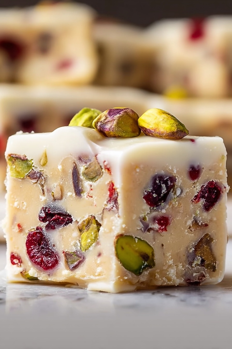 Cranberry Pistachio Shortbread Cookies, holiday shortbread cookies, festive cranberry pistachio treats, easy shortbread recipe, buttery cranberry pistachio cookies - A thick, square piece of light beige fudge filled with colorful nuts and dried fruit pieces; the fudge has visible green pistachios, dark red cranberries, and light brown almond bits embedded inside. The top of the fudge is covered with a smooth, white icing layer topped with whole pistachios, showing a shiny and creamy texture. The fudge is placed on a white marbled surface, with soft blurred background colors. photo taken with an iphone --ar 2:3 --v 7