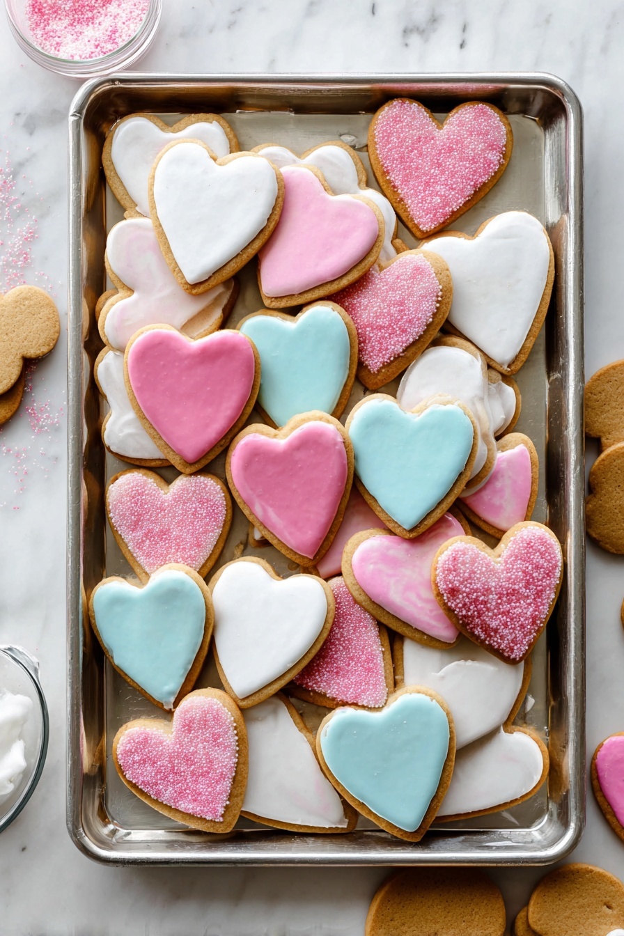 Soft Cut-Out Sugar Cookies, festive sugar cookies, tender decorated cookies, easy cookie decorating recipes, holiday sugar cookie ideas - A metal baking tray filled with many heart-shaped and oval cookies arranged in layers. The base layer includes plain light brown cookies with no icing visible. The top layer covers most cookies in smooth white, pink, and blue icing; some have pink sugar sprinkles giving a rough texture while others have a smooth shiny finish. The hearts vary in size, with some large and some small, overlapping each other across the tray. The tray sits on a white marbled surface with a few extra plain cookies and a small container of pink sugar nearby. Photo taken with an iphone --ar 2:3 --v 7