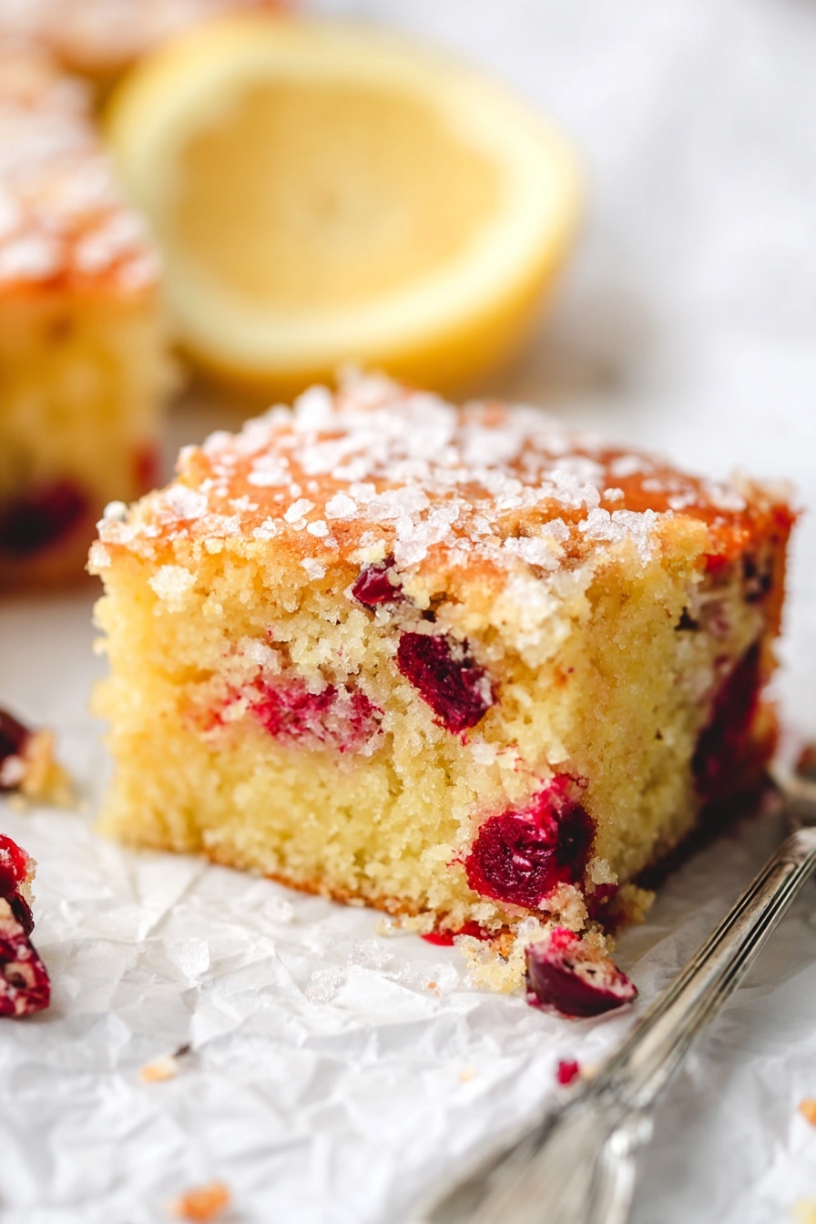 Cranberry Orange Cake, Cranberry Orange Cake Recipe, Festive Citrus Cake, Easy Cranberry Cake, Holiday Fruit Cake - The image shows two stacked pieces of a light golden-yellow cake filled with bright red cranberries, some of which are broken open, adding a splash of deep red inside the cake. The top layer has a thin, slightly crunchy surface sprinkled with coarse sugar crystals that catch the light. The cake crumb looks soft and moist with a spongy texture. At the bottom left, two whole cranberries rest on the white marbled surface. A silver fork is pinned into the top piece from the left side, angled slightly upwards. The photo taken with an iphone --ar 2:3 --v 7