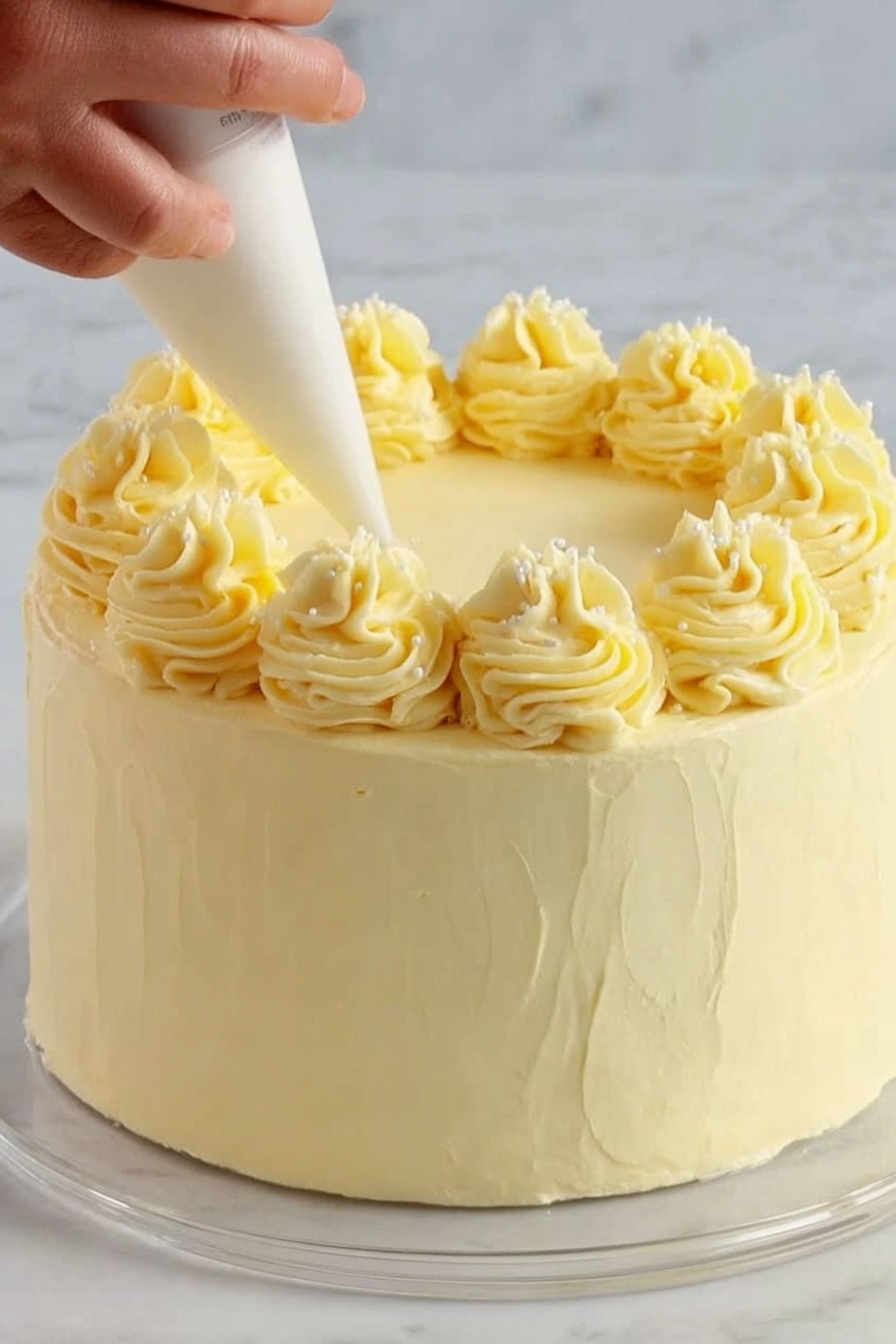 Soft Vanilla Cake, Vanilla Cake Recipe, Moist Vanilla Cake, Easy Vanilla Cake, Classic Vanilla Cake - A round cake covered in smooth, light yellow frosting is shown. On top, a woman's hand holds a piping bag, adding eight evenly spaced swirls of the same yellow frosting around the edge of the cake's top surface. The frosting swirls are textured with soft, curving ridges, and the top and sides of the cake have a creamy, matte finish. The cake sits on a clear glass plate, placed on a white marbled surface. photo taken with an iphone --ar 2:3 --v 7